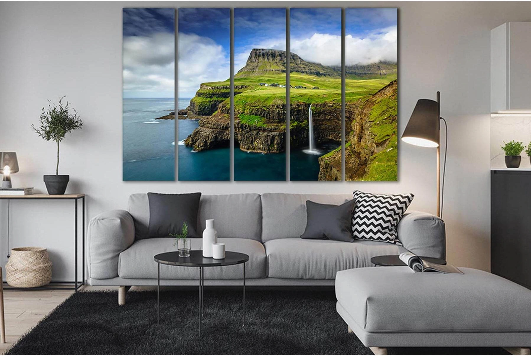 Denmark Waterfalls On Faroe Islands №SL488 Ready to Hang Canvas Print - Zellart Canvas Prints 0new, ALL_Products, Waterfall, Waterfall Wall Art
