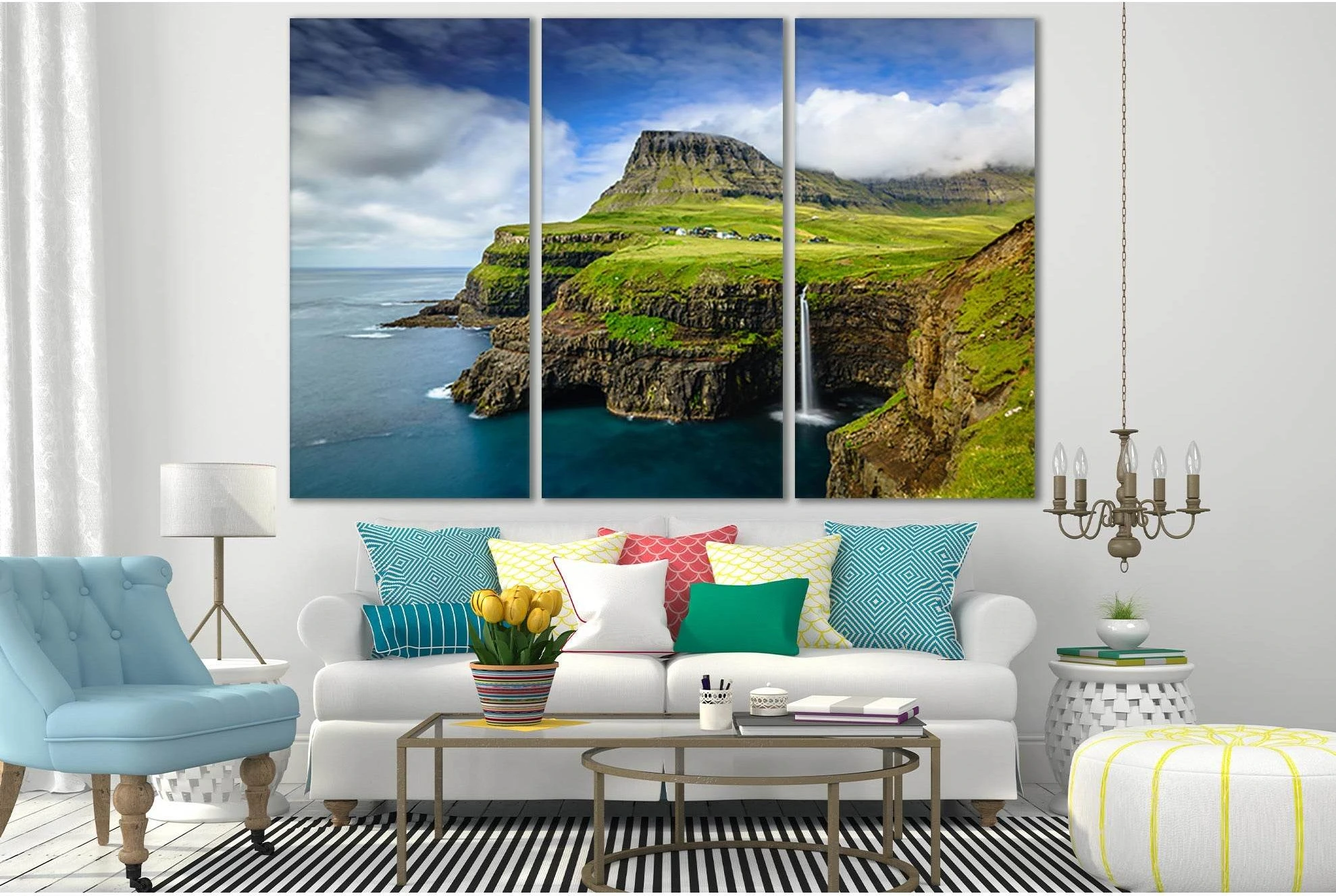 Denmark Waterfalls On Faroe Islands №SL488 Ready to Hang Canvas Print - Zellart Canvas Prints 0new, ALL_Products, Waterfall, Waterfall Wall Art