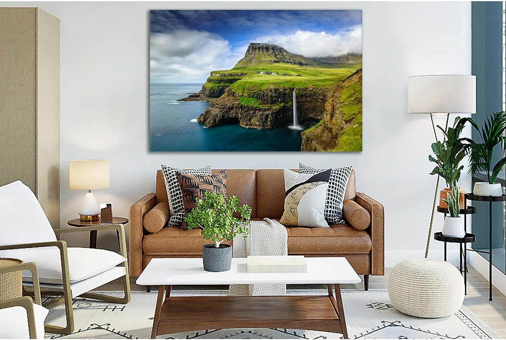 Denmark Waterfalls On Faroe Islands №SL488 Ready to Hang Canvas Print - Zellart Canvas Prints 0new, ALL_Products, Waterfall, Waterfall Wall Art