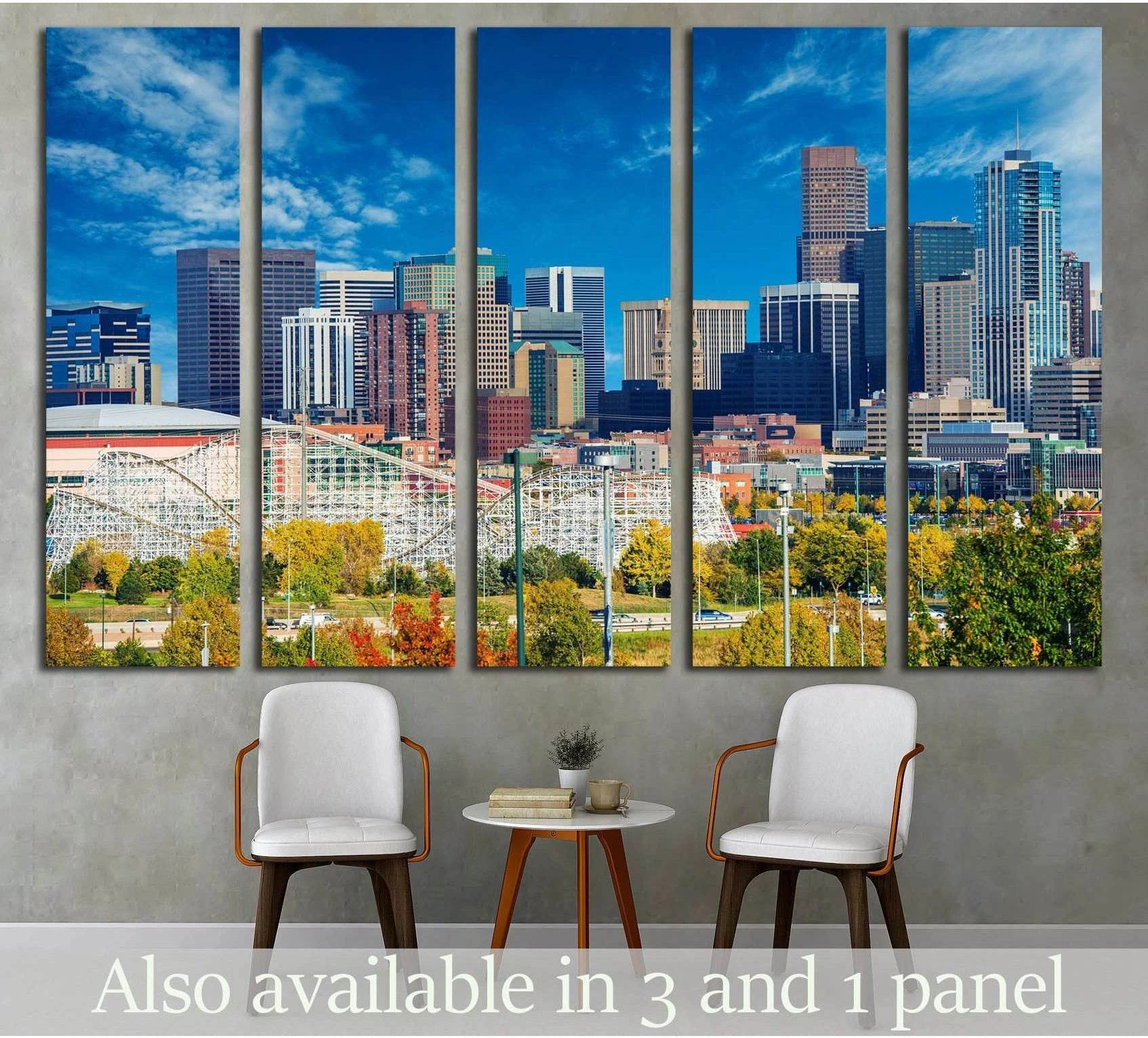 Denver skyline canvas print in five panels with blue sky and autumn trees displayed above chairs