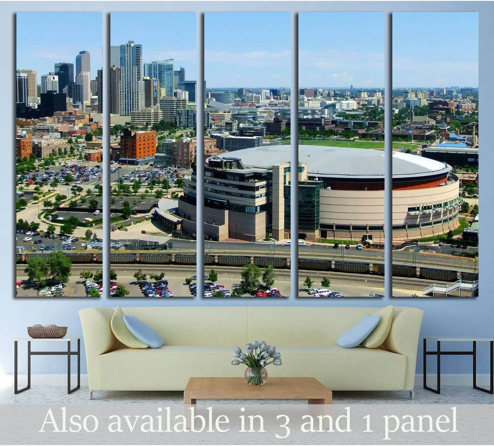 Denver skyline and downtown arena multi-panel canvas print above sofa in modern living room