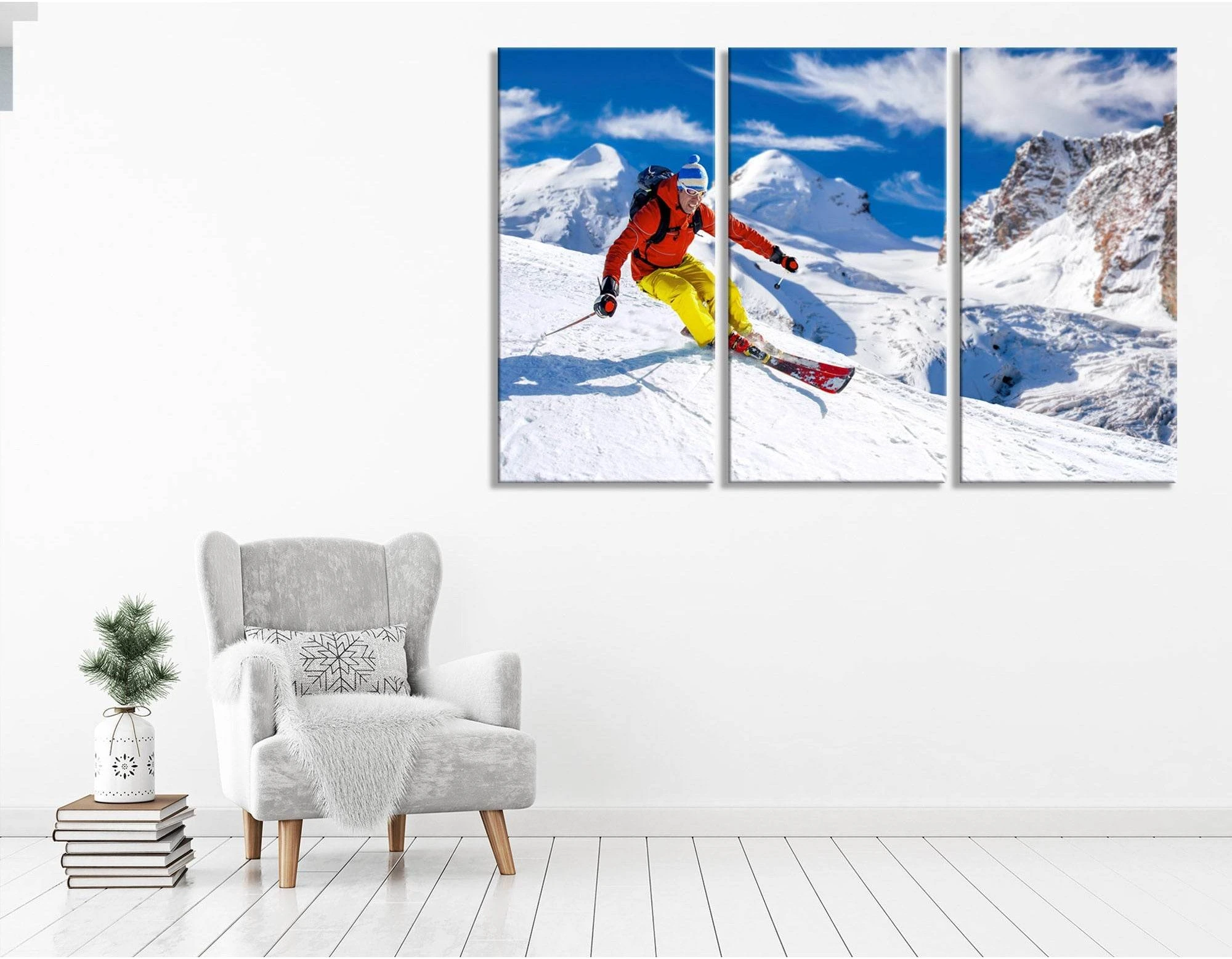 Descent Of The Skier From The Mountain On A Sunny Day №04447 Ready to Hang Canvas Print - Zellart Canvas Prints ALL_Products