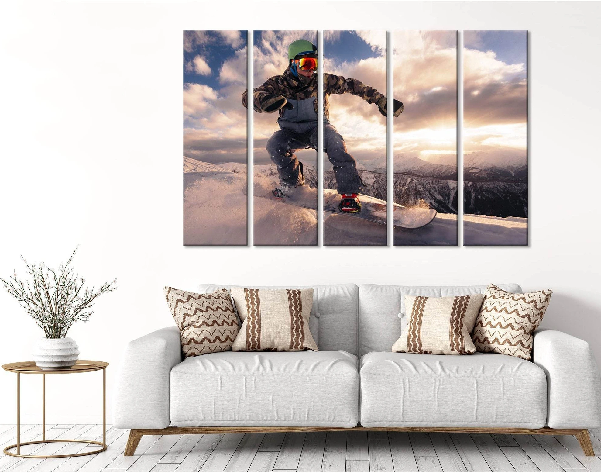 Descent Of The Snowboarder From The Mountain During Sunset №04439 Ready to Hang Canvas Print - Zellart Canvas Prints ALL_Products