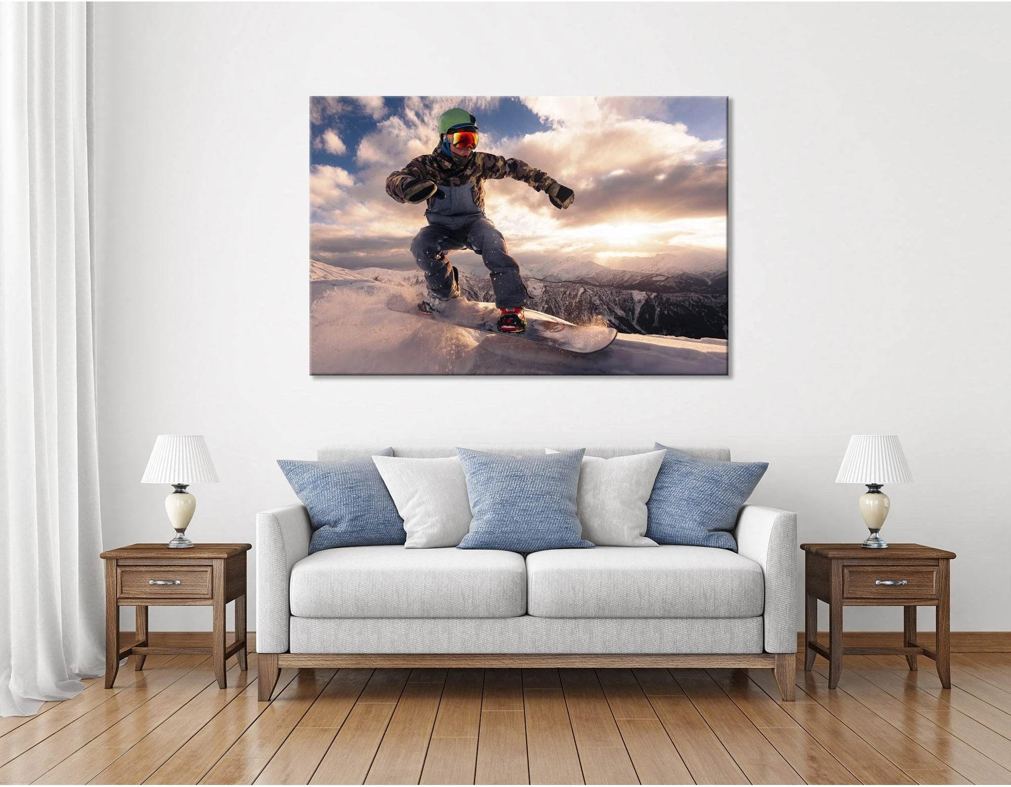 Descent Of The Snowboarder From The Mountain During Sunset №04439 Ready to Hang Canvas Print - Zellart Canvas Prints ALL_Products