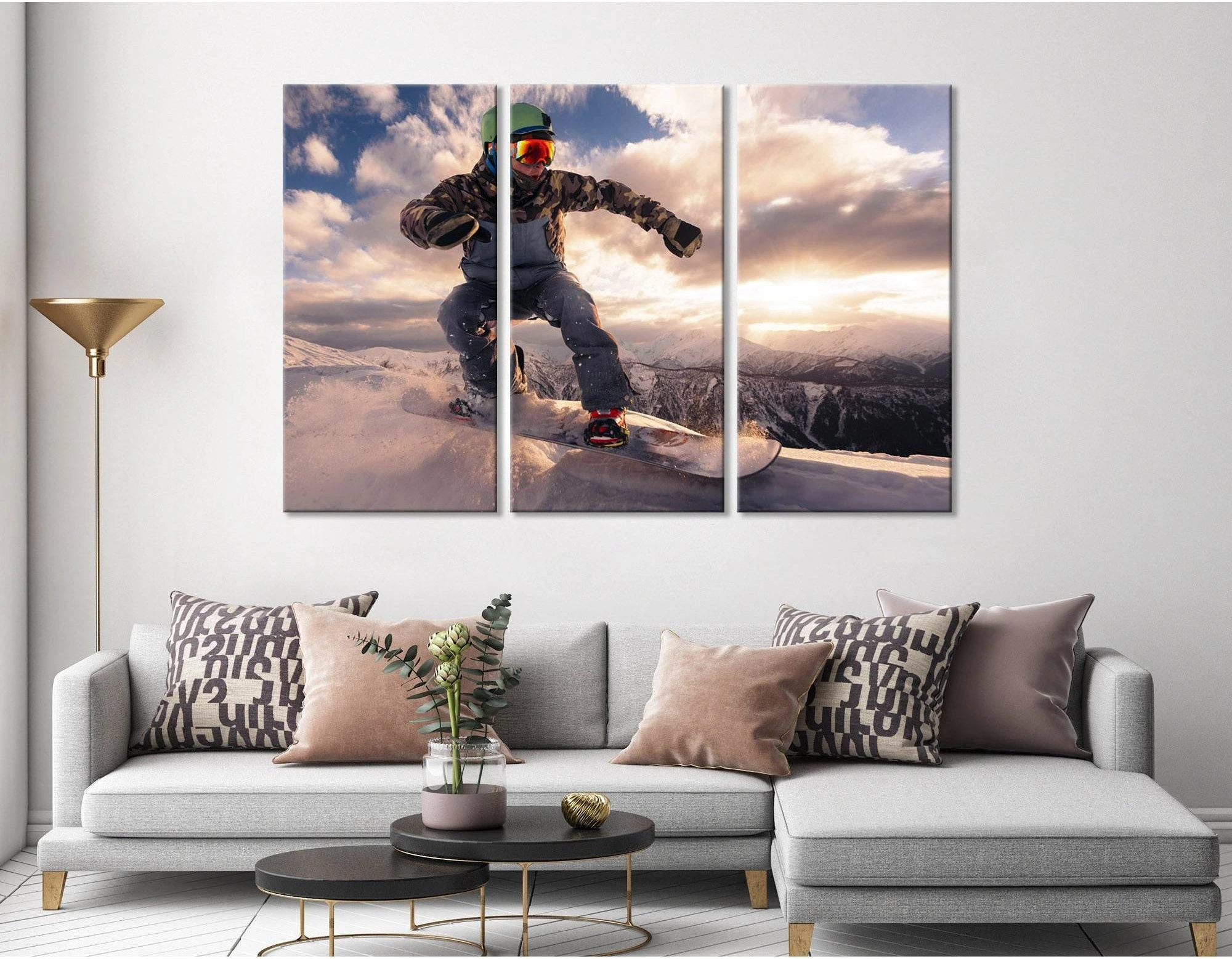 Descent Of The Snowboarder From The Mountain During Sunset №04439 Ready to Hang Canvas Print - Zellart Canvas Prints ALL_Products
