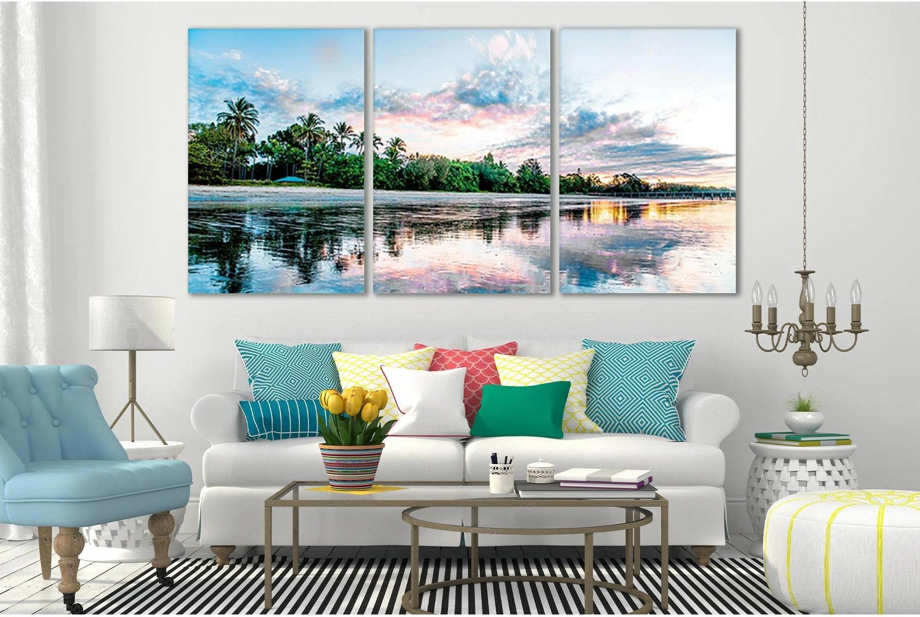 Pastel Tropical Beach Ocean Scene Canvas Print with Palms showing sea water, shoreline and horizon depth.