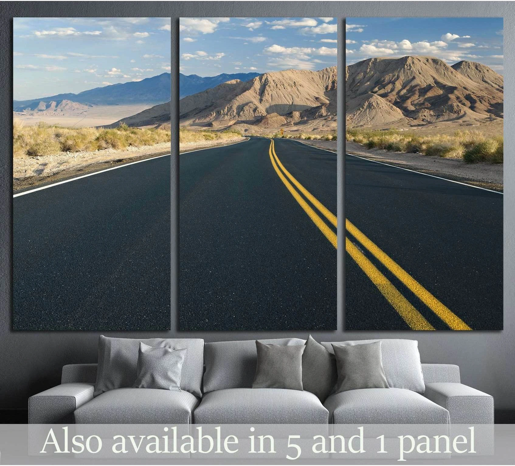 Southern California desert road triptych canvas print with highway and sunlit mountain backdrop