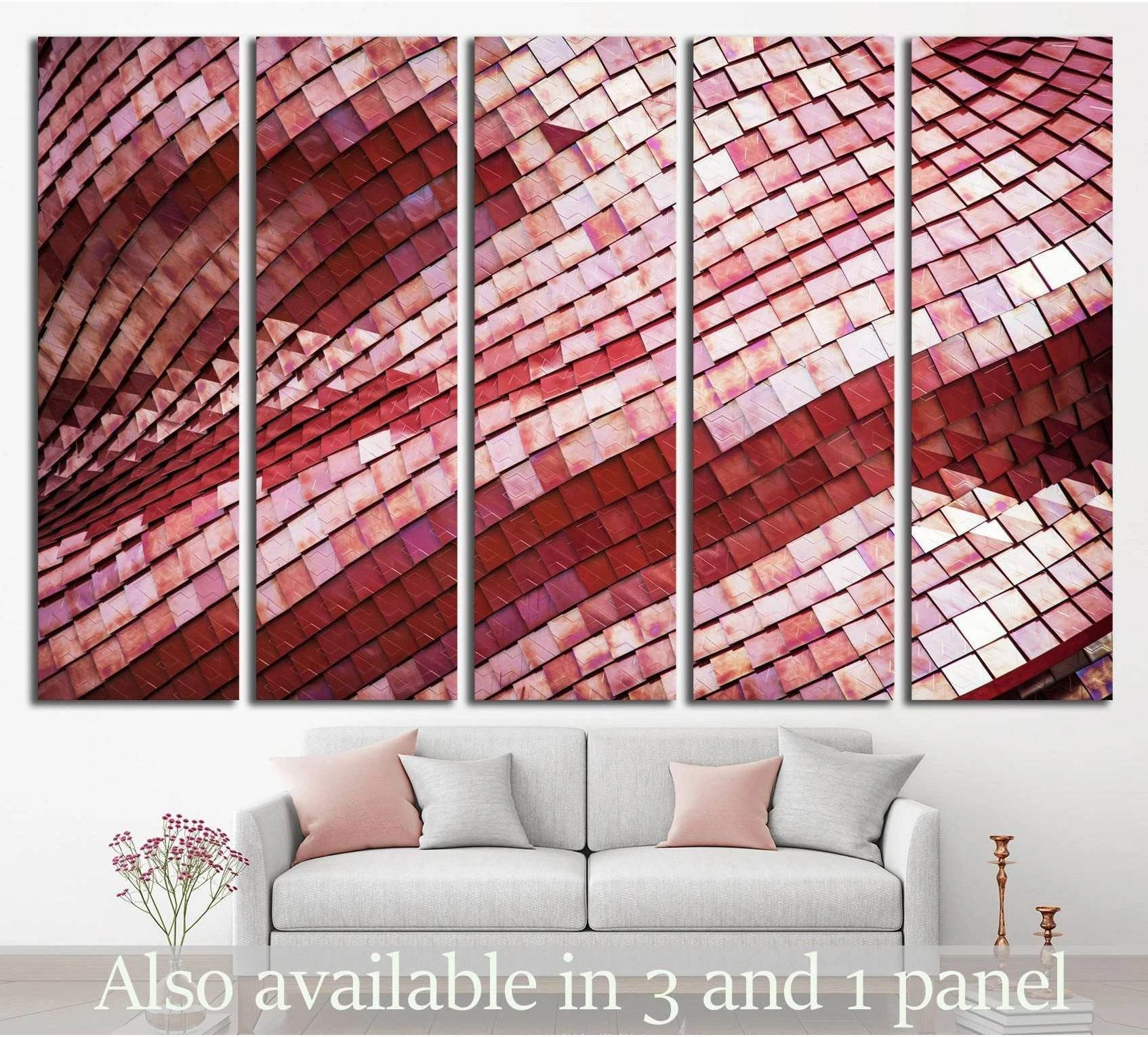 Red geometric roof canvas print in five panels above a sofa in a modern living room