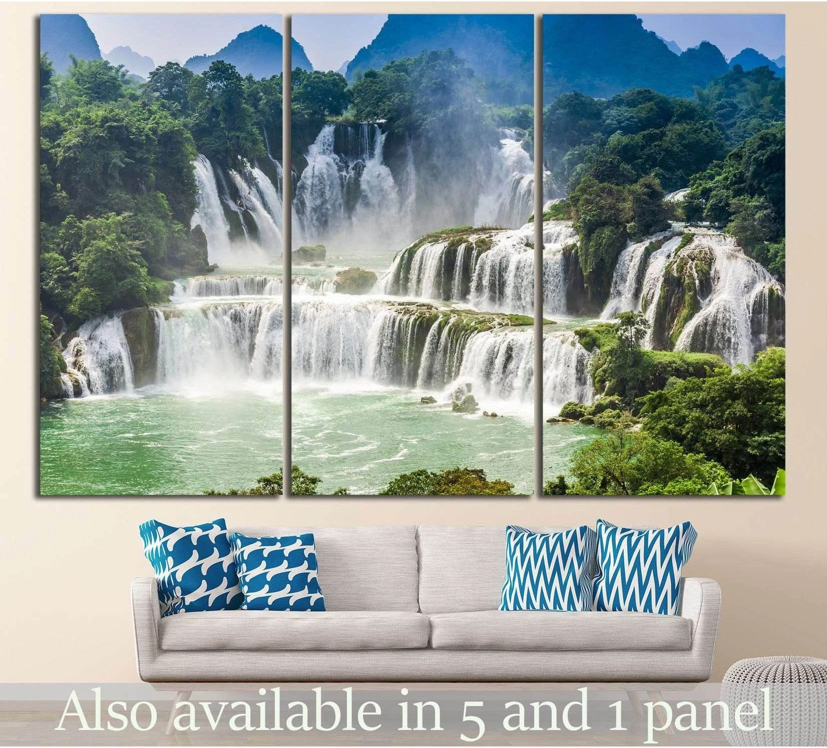 Detian Waterfall triptych canvas print above sofa with turquoise water and lush green karst mountains
