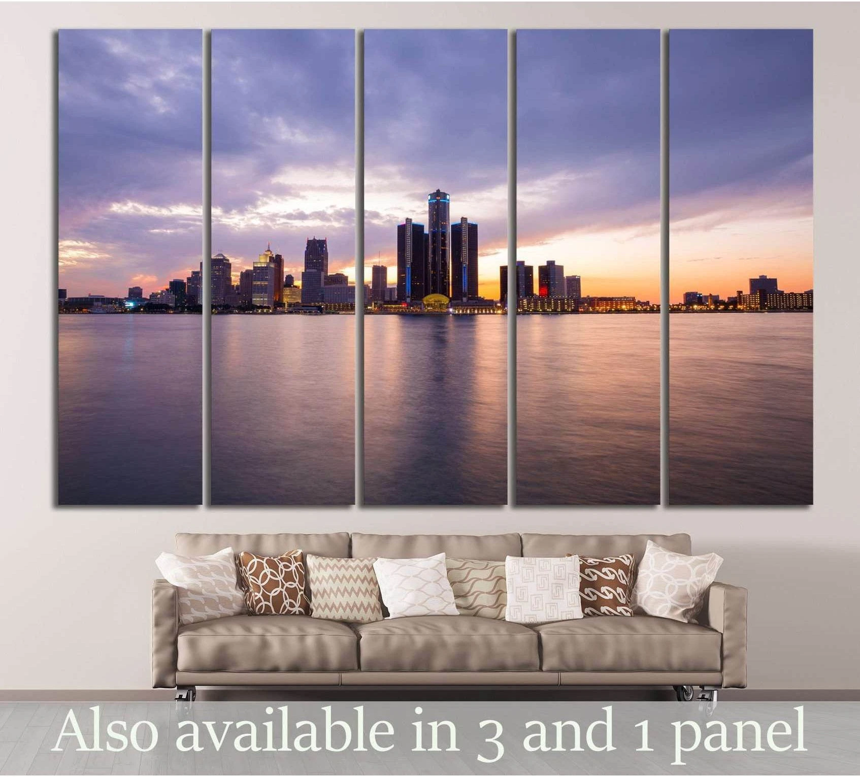 Detroit skyline canvas print with violet sunset sky above sofa in a modern living room
