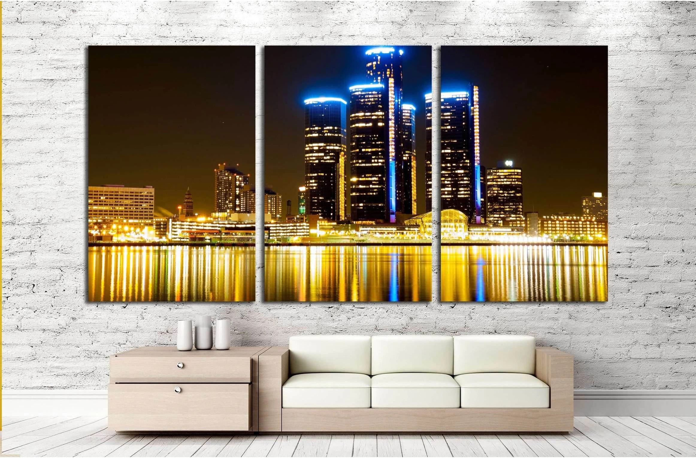 Detroit Skyline at Night №2258 Ready to Hang Canvas Print - Zellart Canvas Prints ALL_Products, s-2258