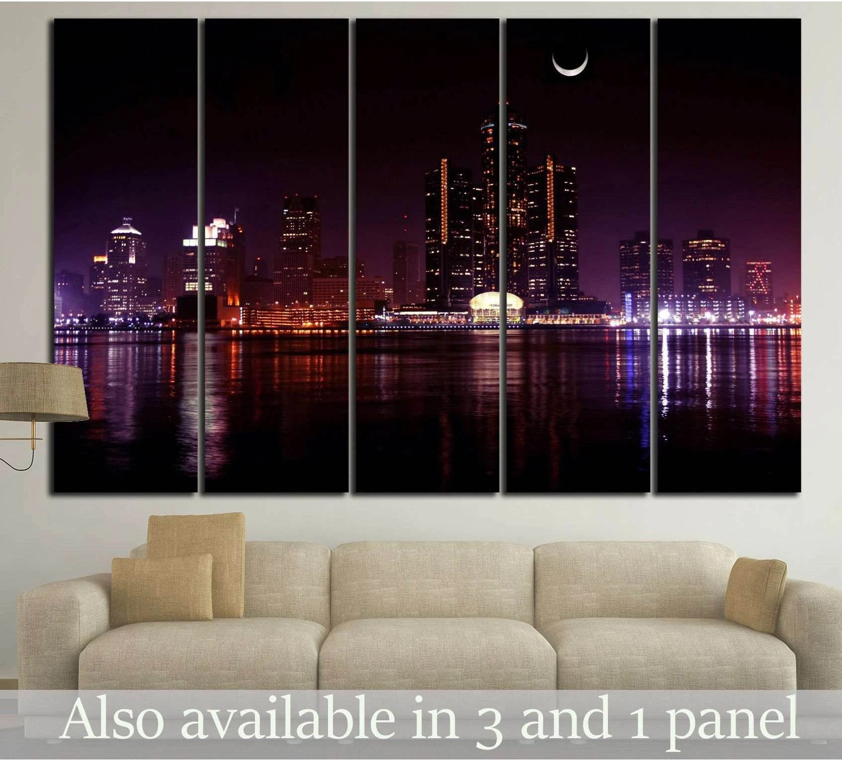 Detroit skyline canvas print with purple night sky and river reflections above a beige sofa