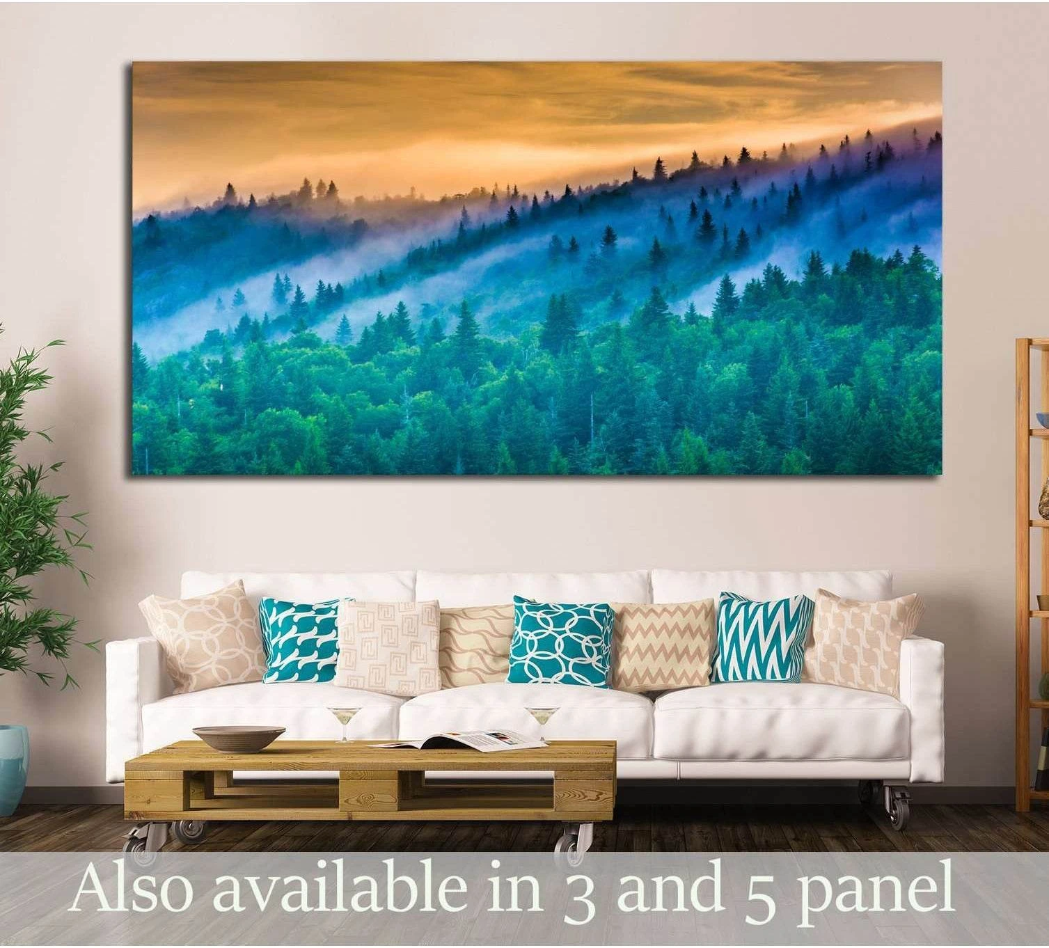 Misty Blue Ridge mountain forest canvas print hung above a white sofa in a modern living room