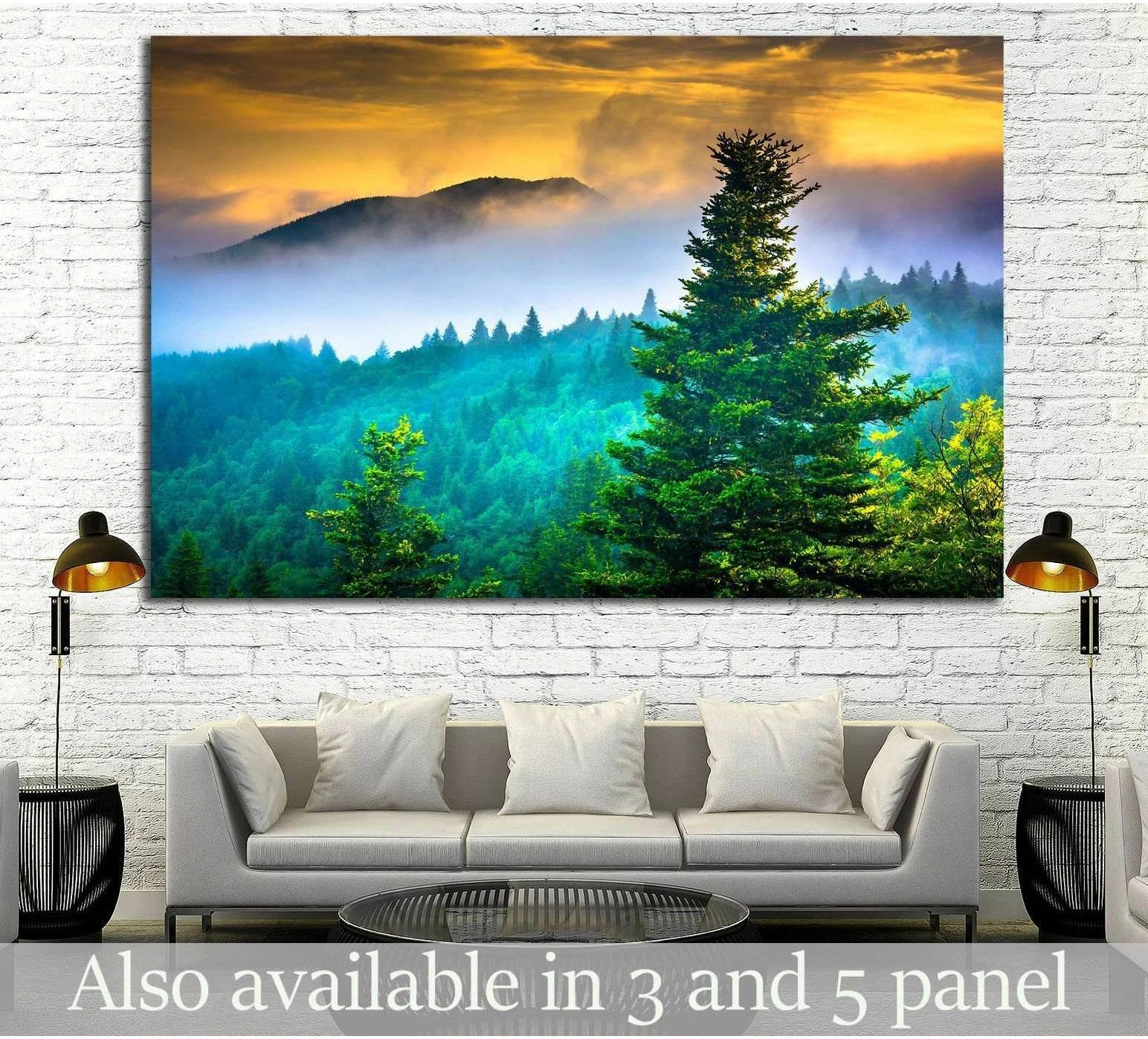 Misty Blue Ridge mountain canvas print with pine forest and sunrise glow above a sofa