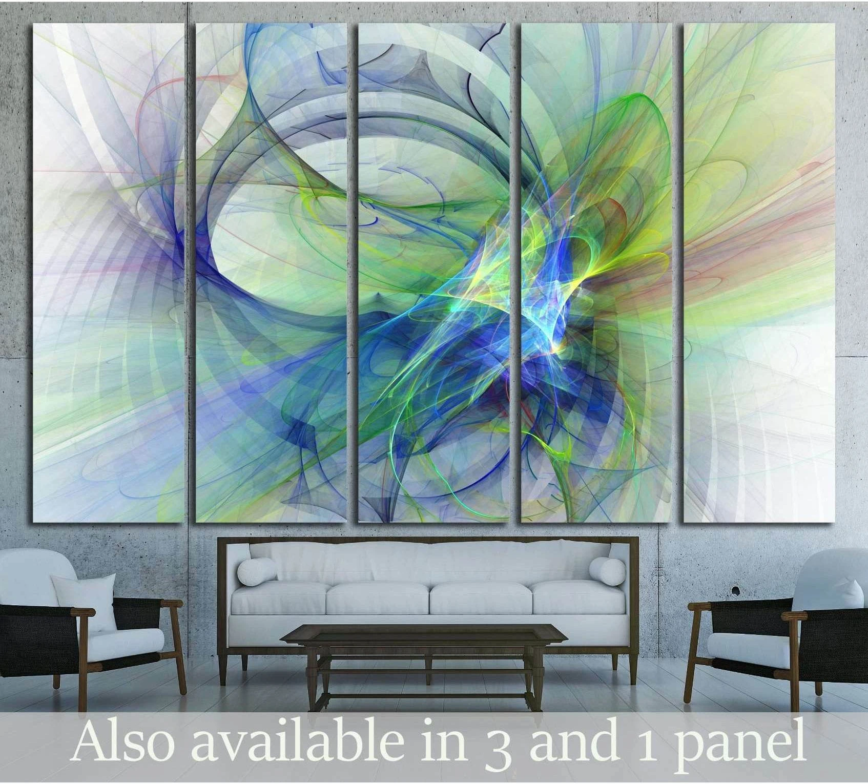 Blue green abstract fractal canvas print in five panels above a sofa in a modern living room