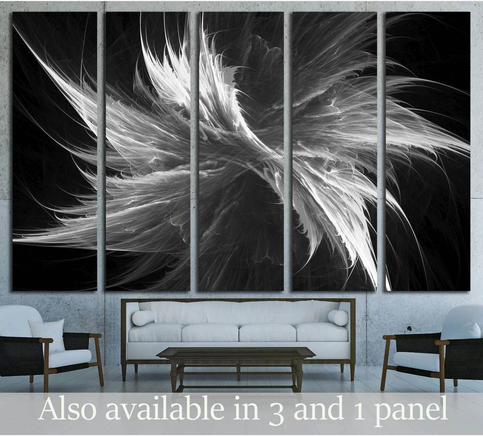 Black and white abstract fractal canvas print with feather-like swirls above a sofa in a modern living room