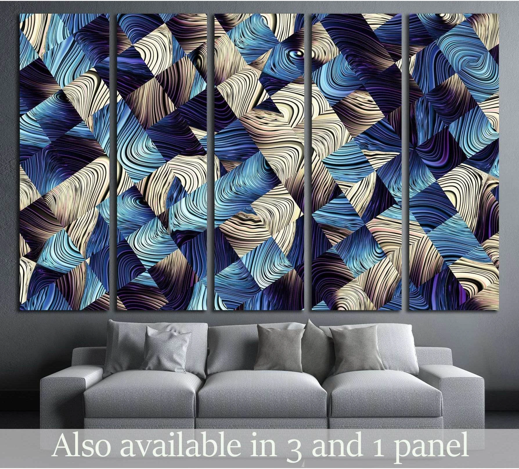 Blue geometric abstract canvas print with striped square pattern hung above a gray sofa in a modern living room