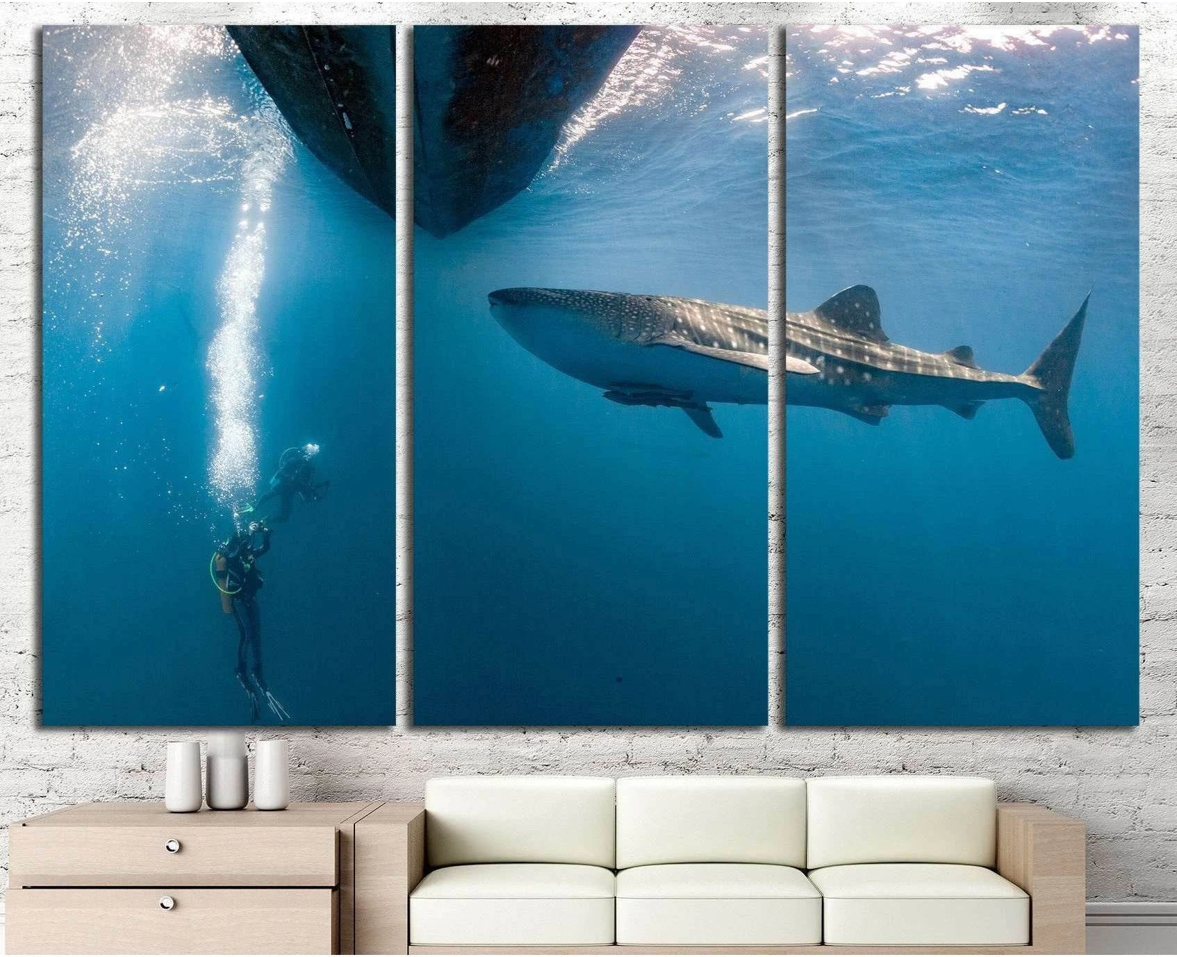 Diver and Big Shark showing blue ocean wall art with water and coastal depth.