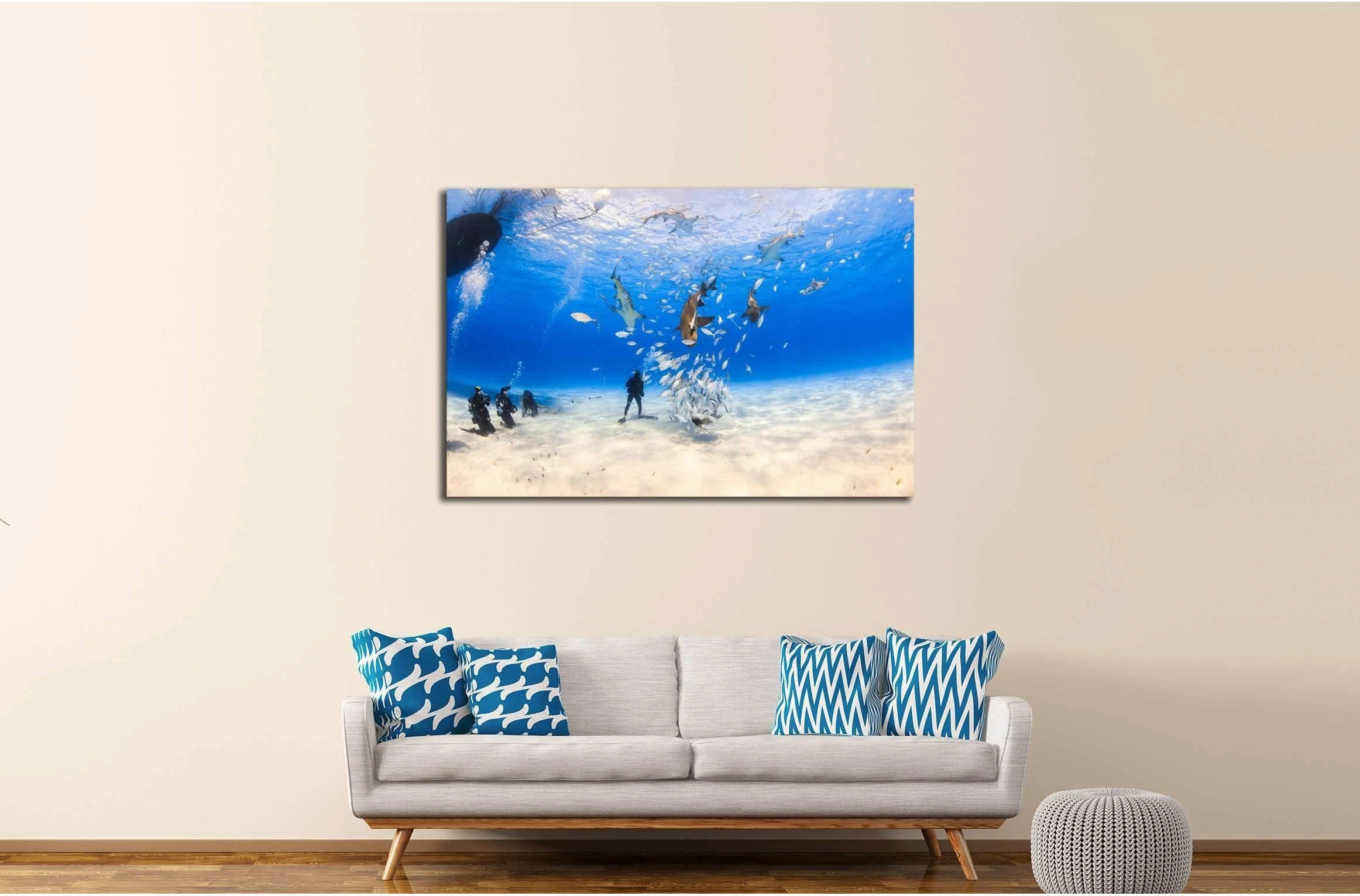 Diver surrounded by Lemon shark and caribbean reef shark on shallow clear water at Tiger beach, Bahamas №2372 Ready to Hang Canvas Print - Zellart Canvas Prints ALL_Products, s-2372