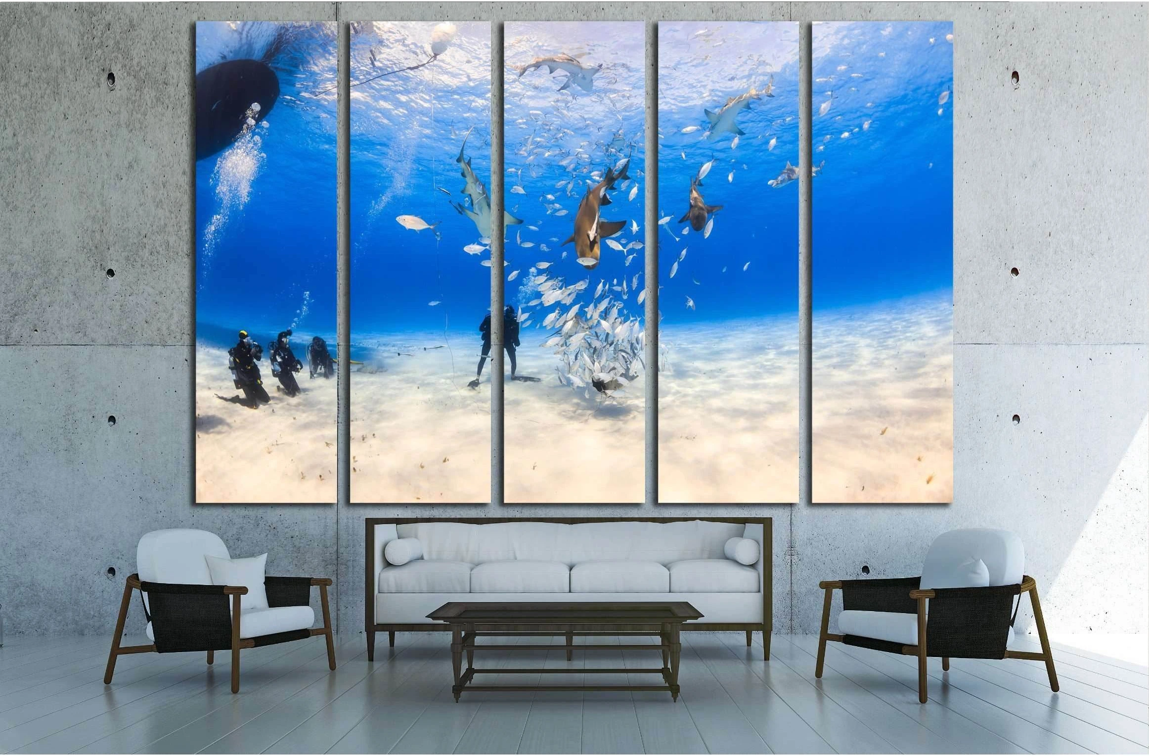 Diver surrounded by Lemon shark and caribbean reef shark on shallow clear water at Tiger beach, Bahamas №2372 Ready to Hang Canvas Print - Zellart Canvas Prints ALL_Products, s-2372