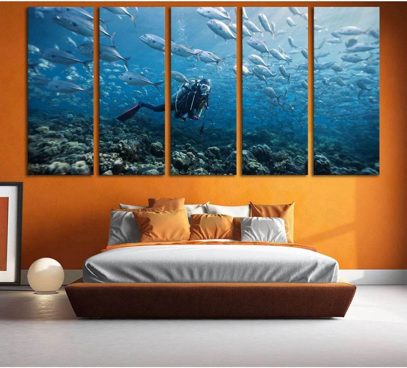 Scuba diver canvas print with schooling fish above a coral reef, displayed as five-panel bedroom wall art