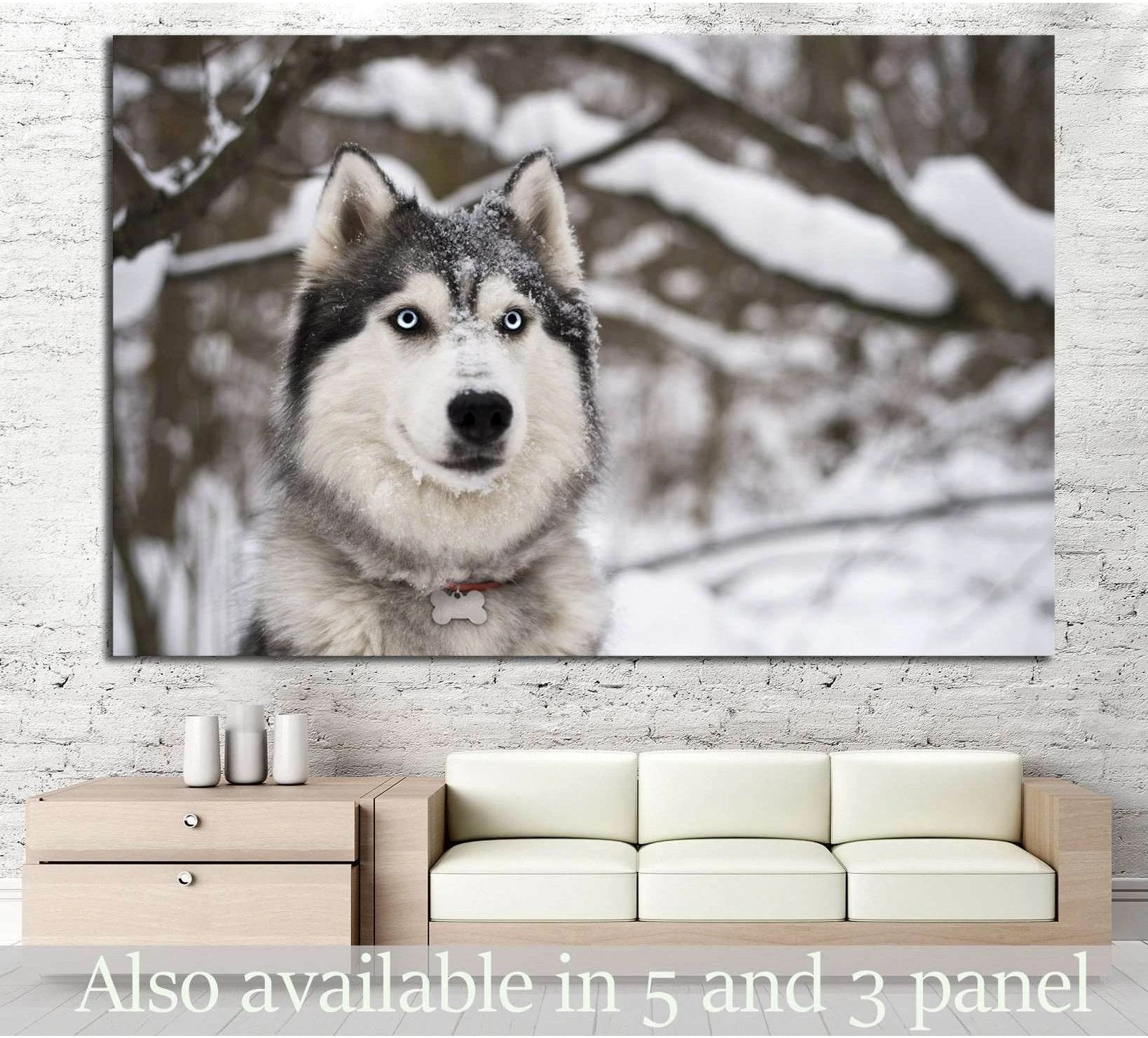 Siberian Husky canvas print with blue eyes in a snowy forest, displayed above a sofa