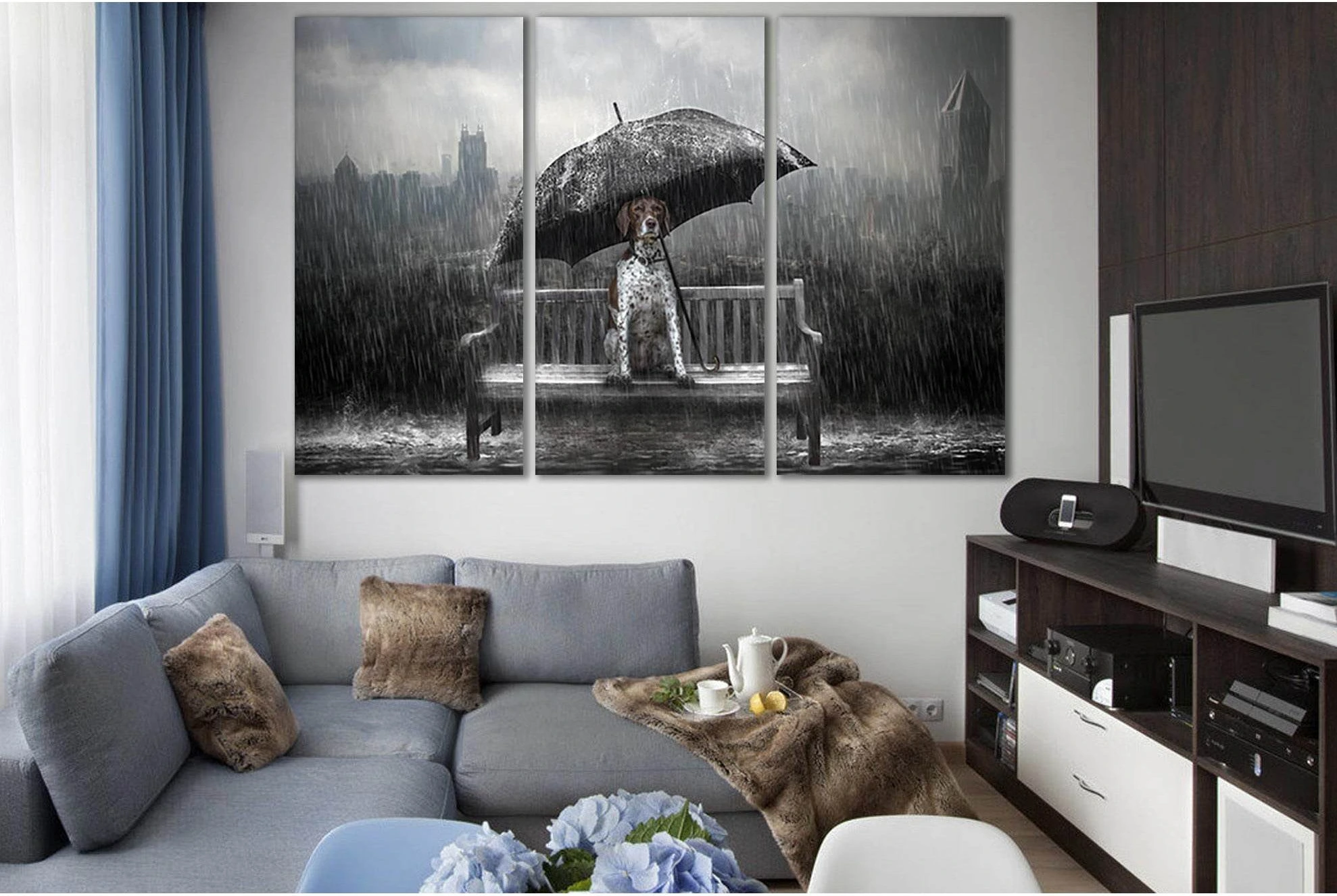Dog Under Umbrella №SL1016 Ready to Hang Canvas Print - Zellart Canvas Prints 0new, ALL_Products, Animals & Wildlife