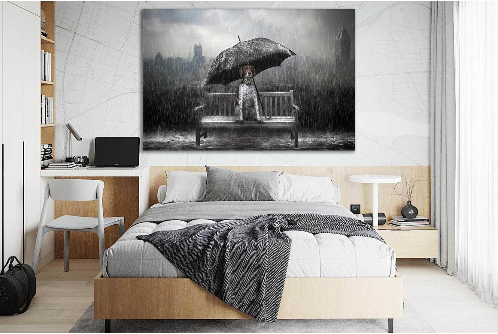 Dog Under Umbrella №SL1016 Ready to Hang Canvas Print - Zellart Canvas Prints 0new, ALL_Products, Animals & Wildlife