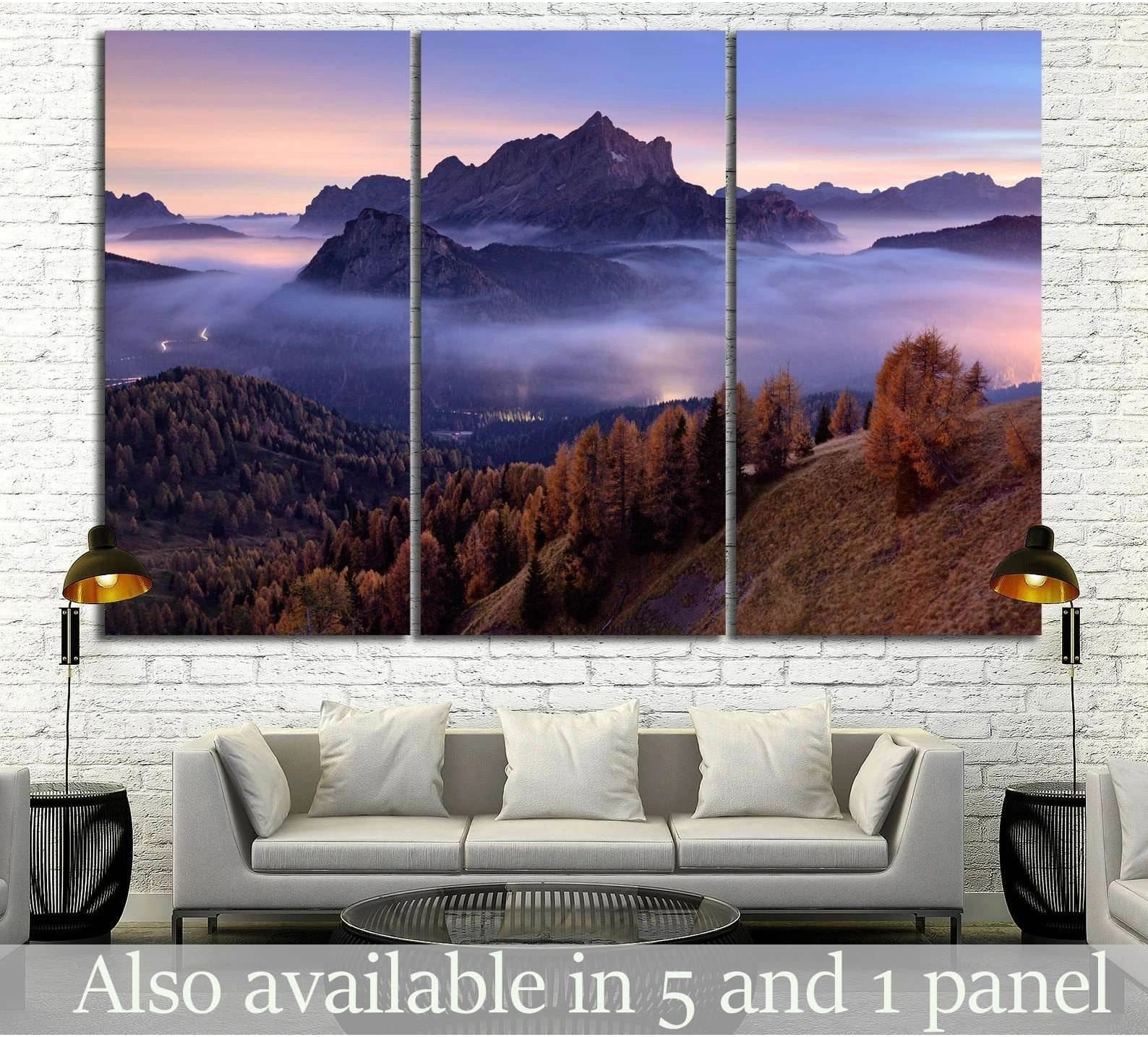Dolomites sunrise canvas print with misty alpine peaks and autumn larch hills above a modern sofa