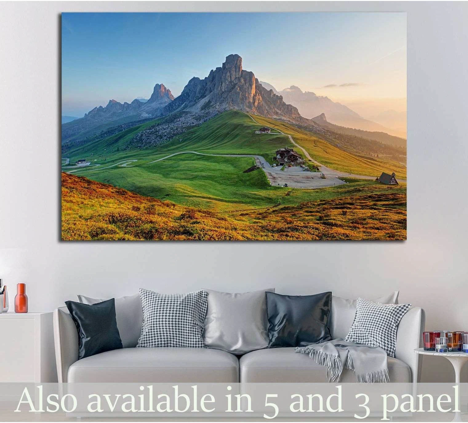 Dolomites mountain canvas print with sunlit alpine peaks and green valley above sofa