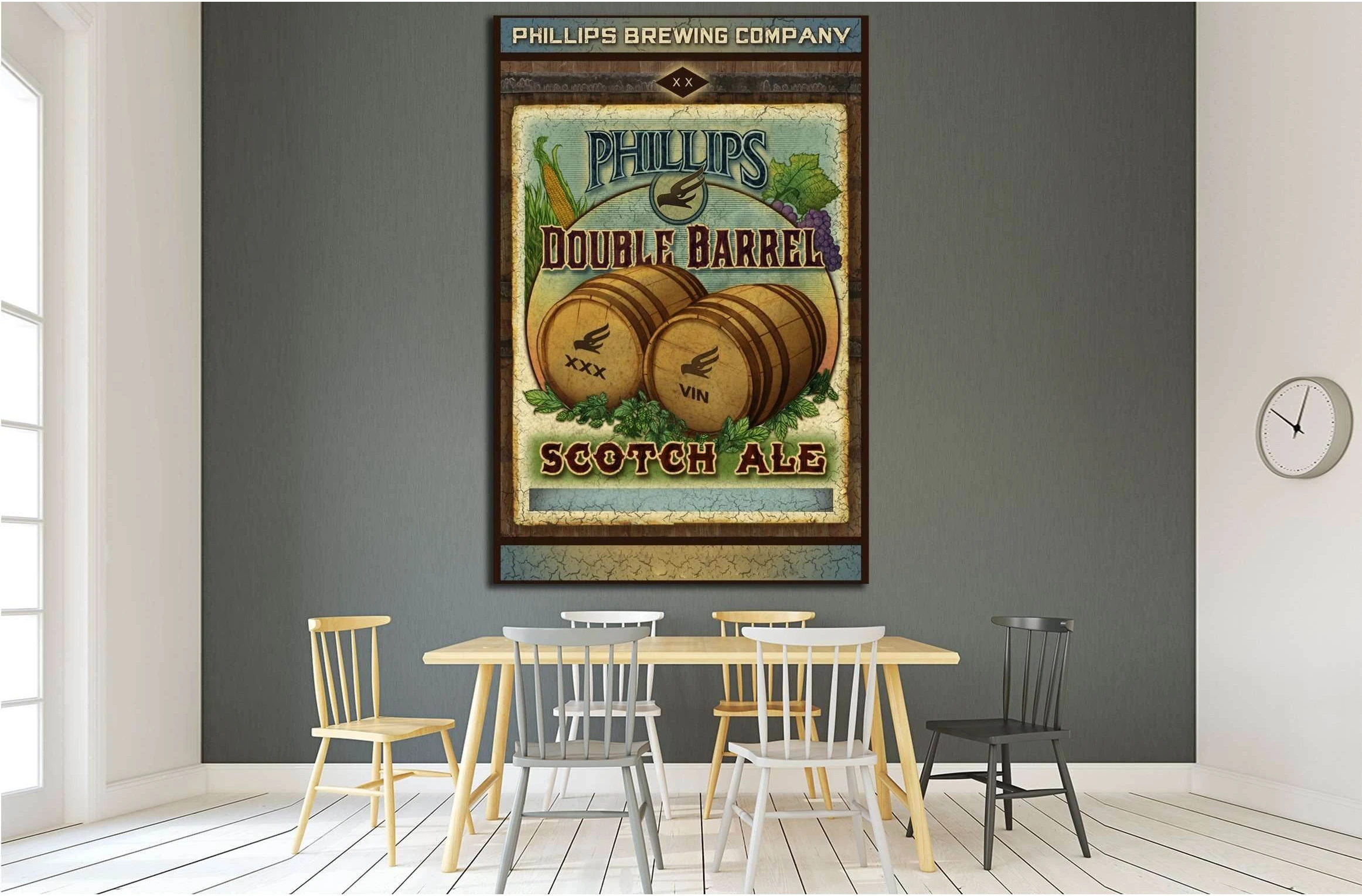 Vintage Double Barrel Scotch Ale canvas print poster above dining table on a gray wall