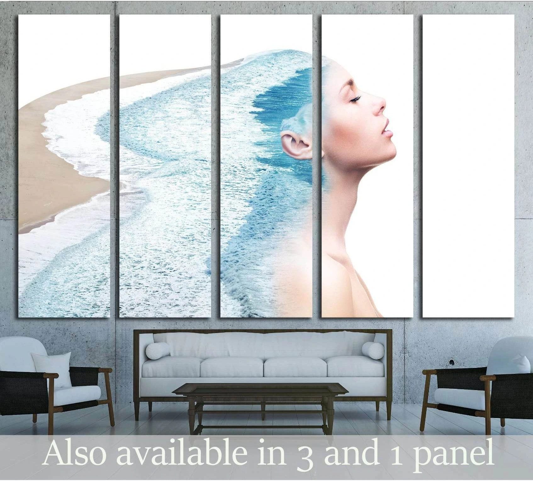 Double exposure made of young nude beautiful woman with healthy skin and ocean coast. showing blue ocean wall art with water and coastal depth.