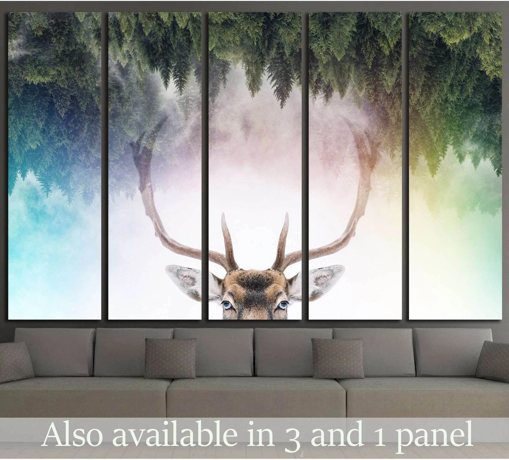 Double exposure deer canvas print with misty forest antlers above sofa in a modern living room