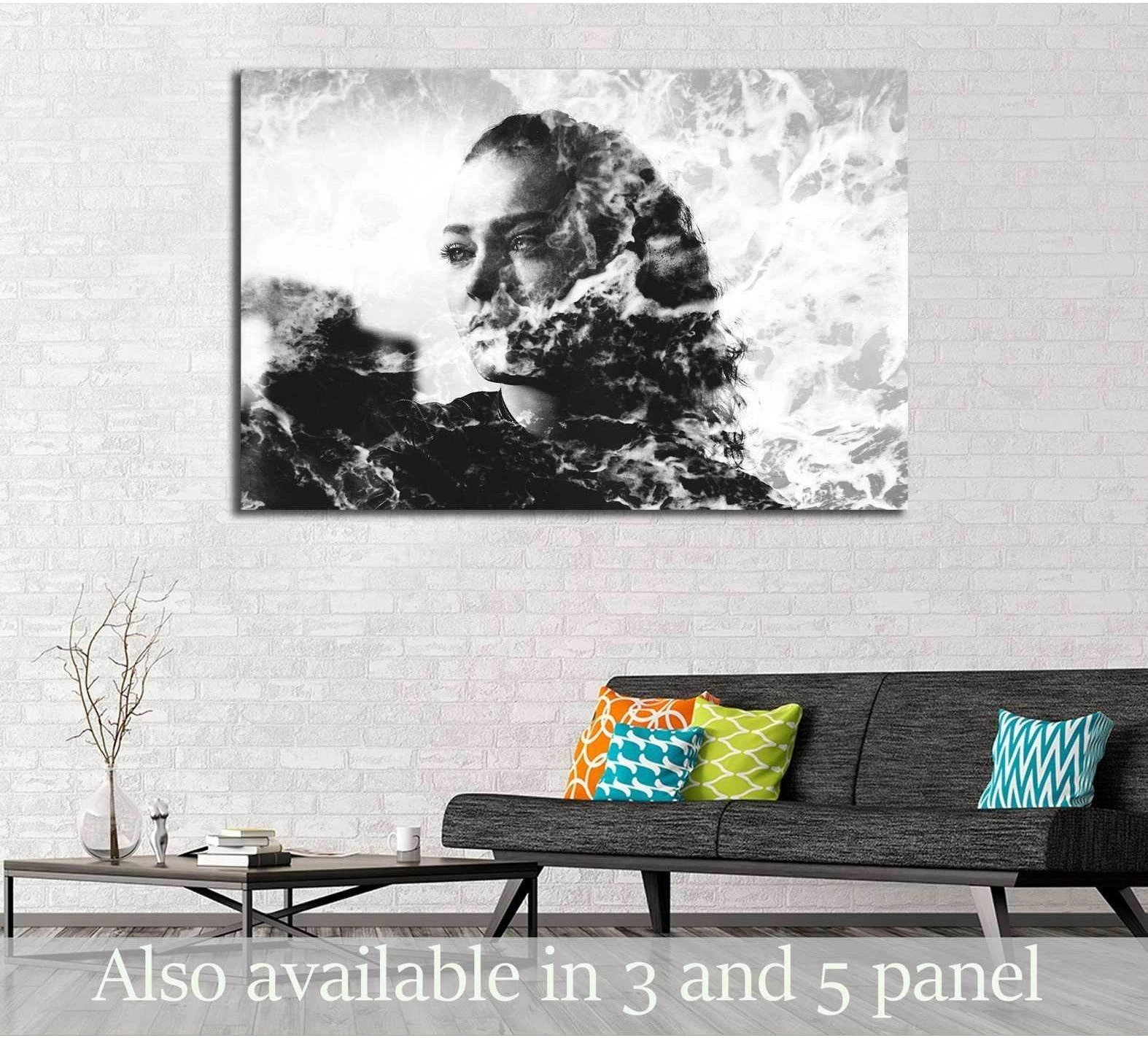 Black and white double exposure portrait canvas print with woman's face and sea foam above sofa