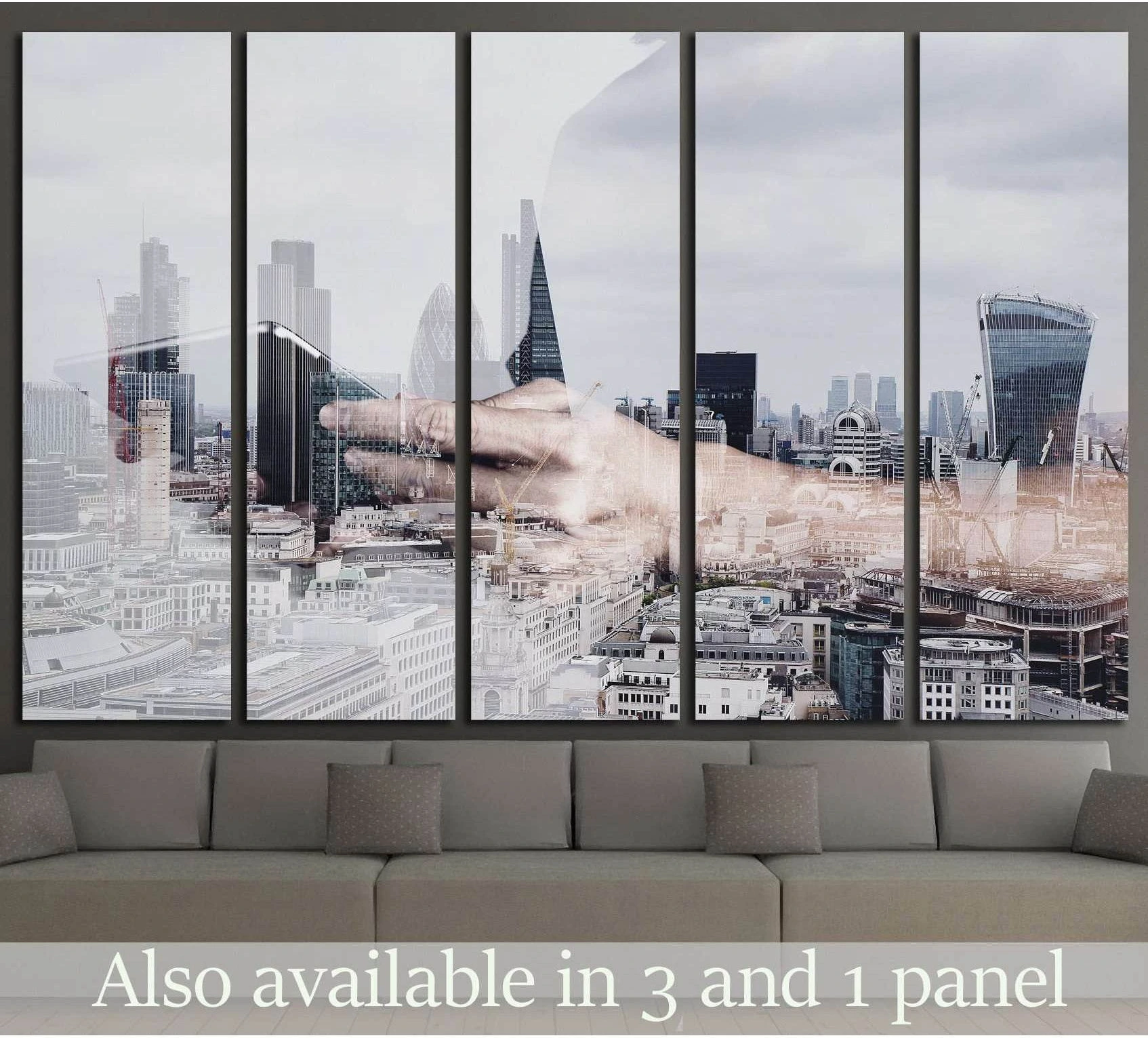 London business double exposure canvas print above sofa with skyline, businessman, and tablet in office-style mockup