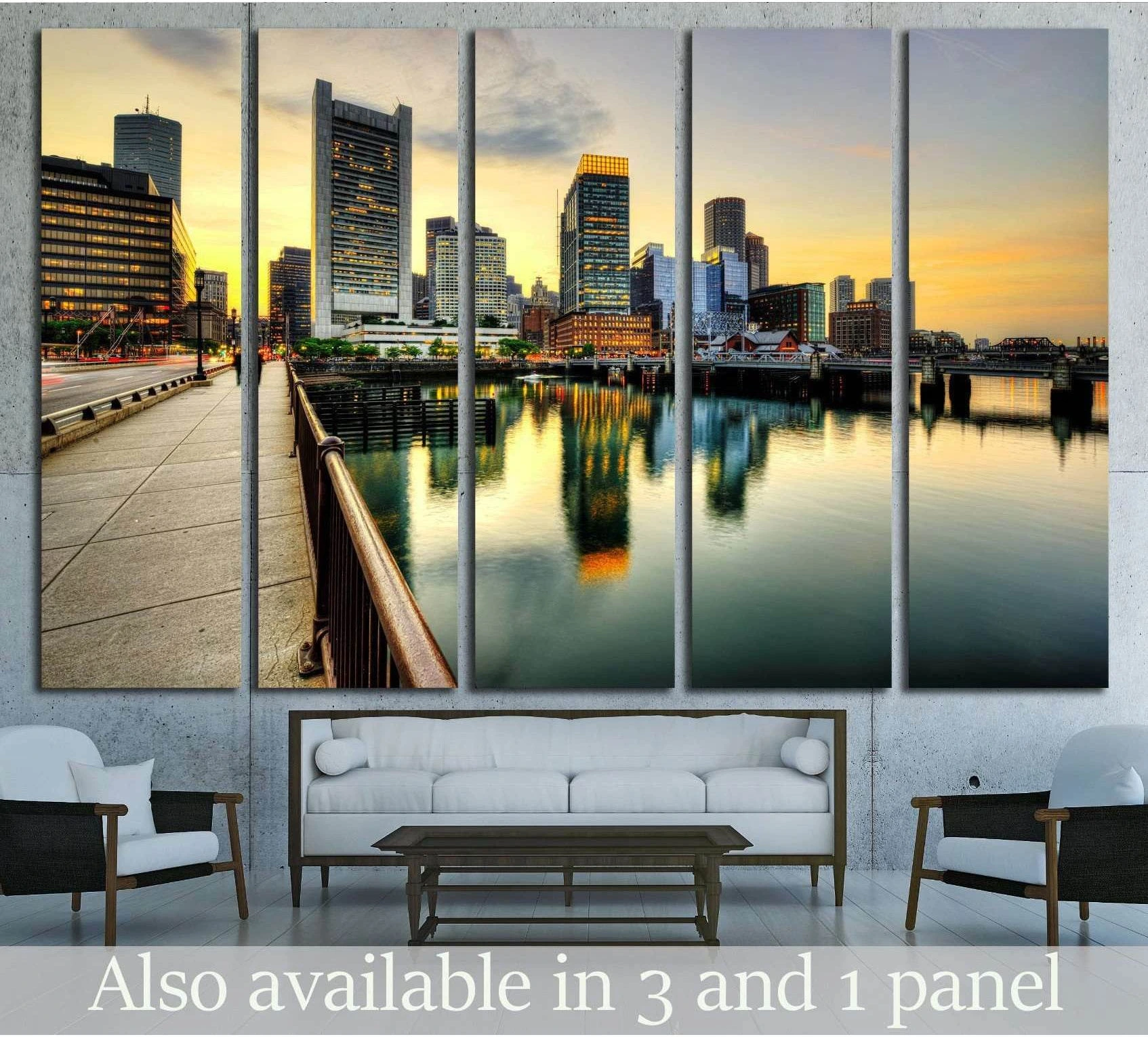 Boston skyline canvas print with harbor reflections at sunset above sofa in modern living room