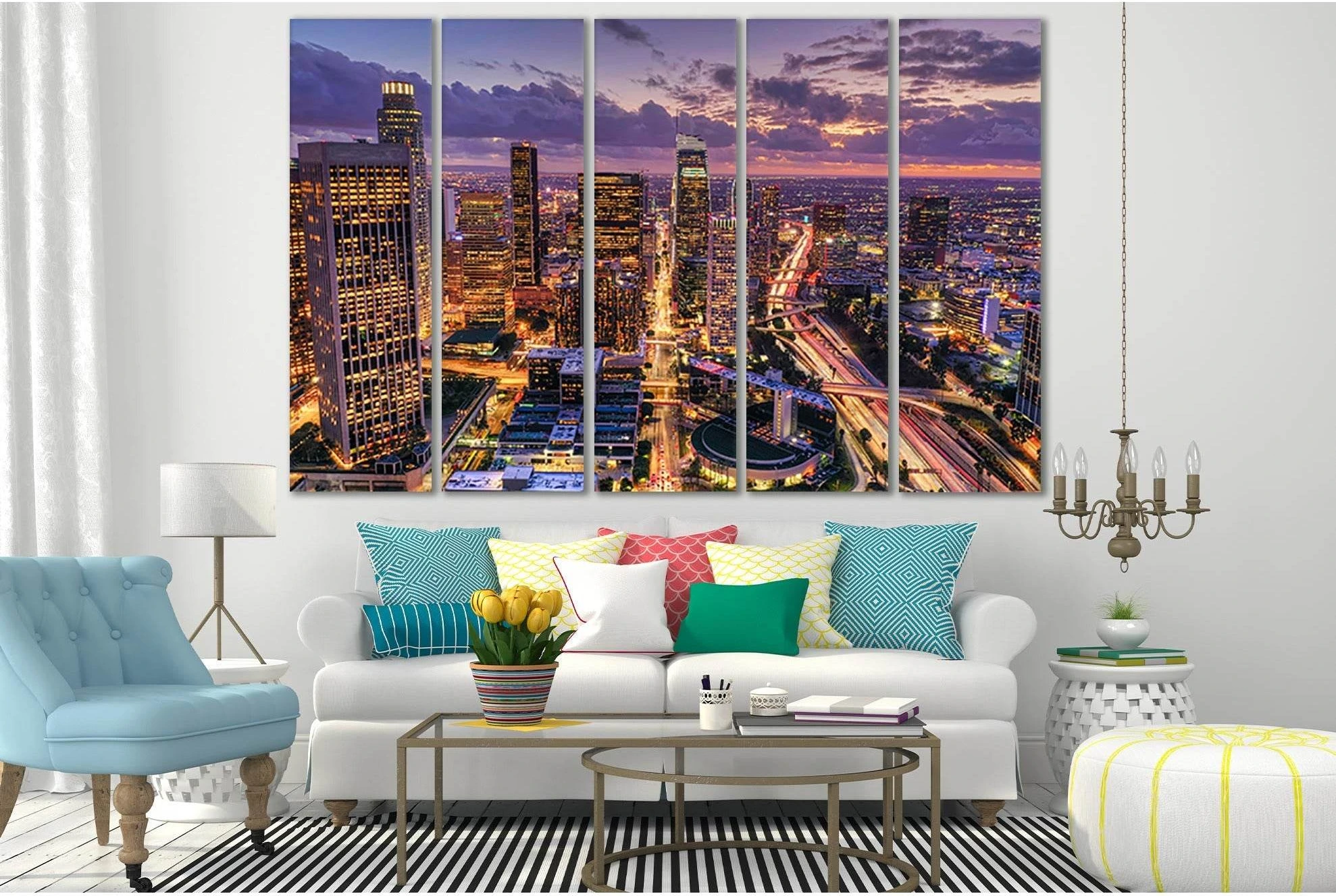 Downtown Los Angeles Skyline At Night №SL365 Ready to Hang Canvas Print - Zellart Canvas Prints 0new, ALL_Products, Cityscapes & Skylines