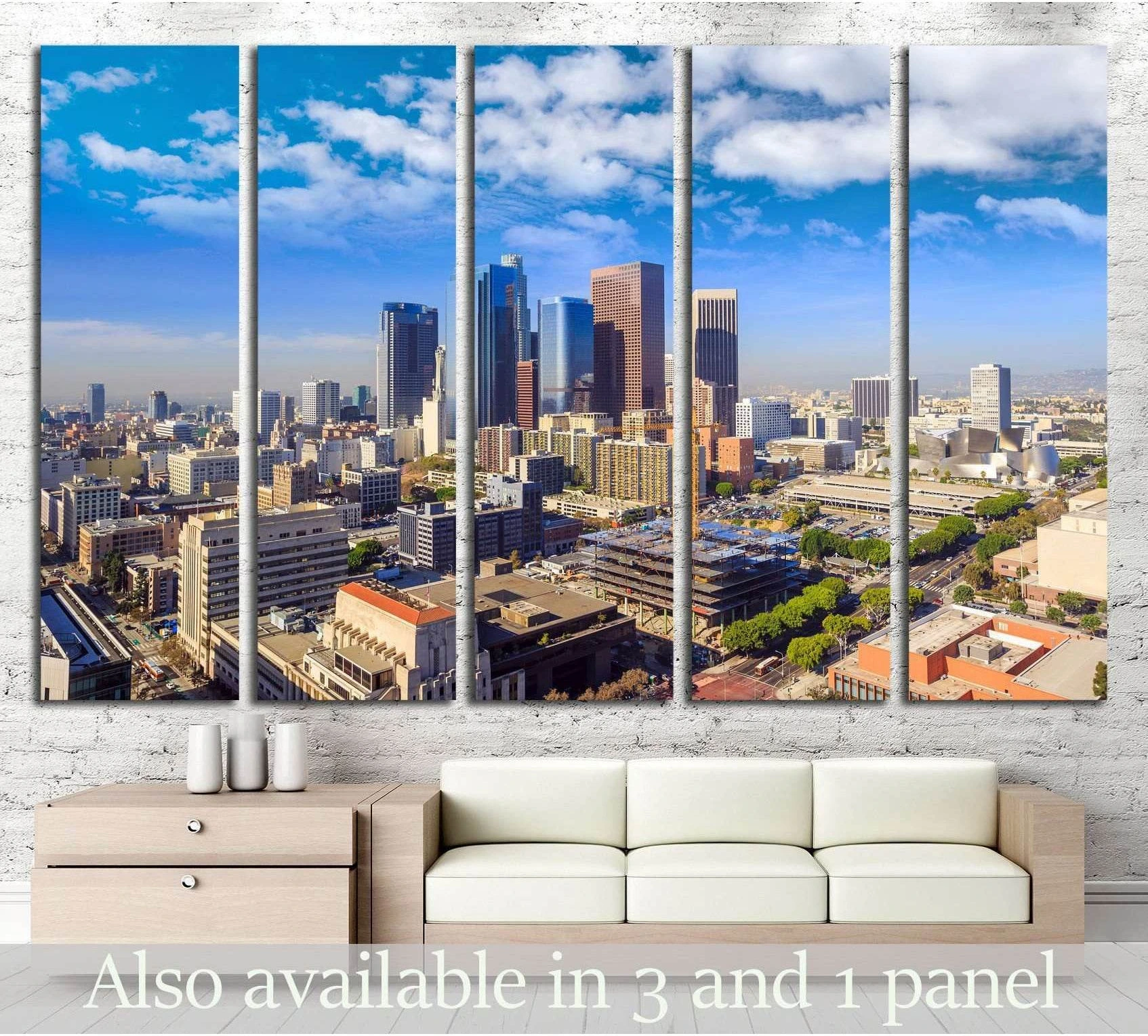 Downtown Los Angeles skyline five-panel canvas print above a sofa in a modern living room
