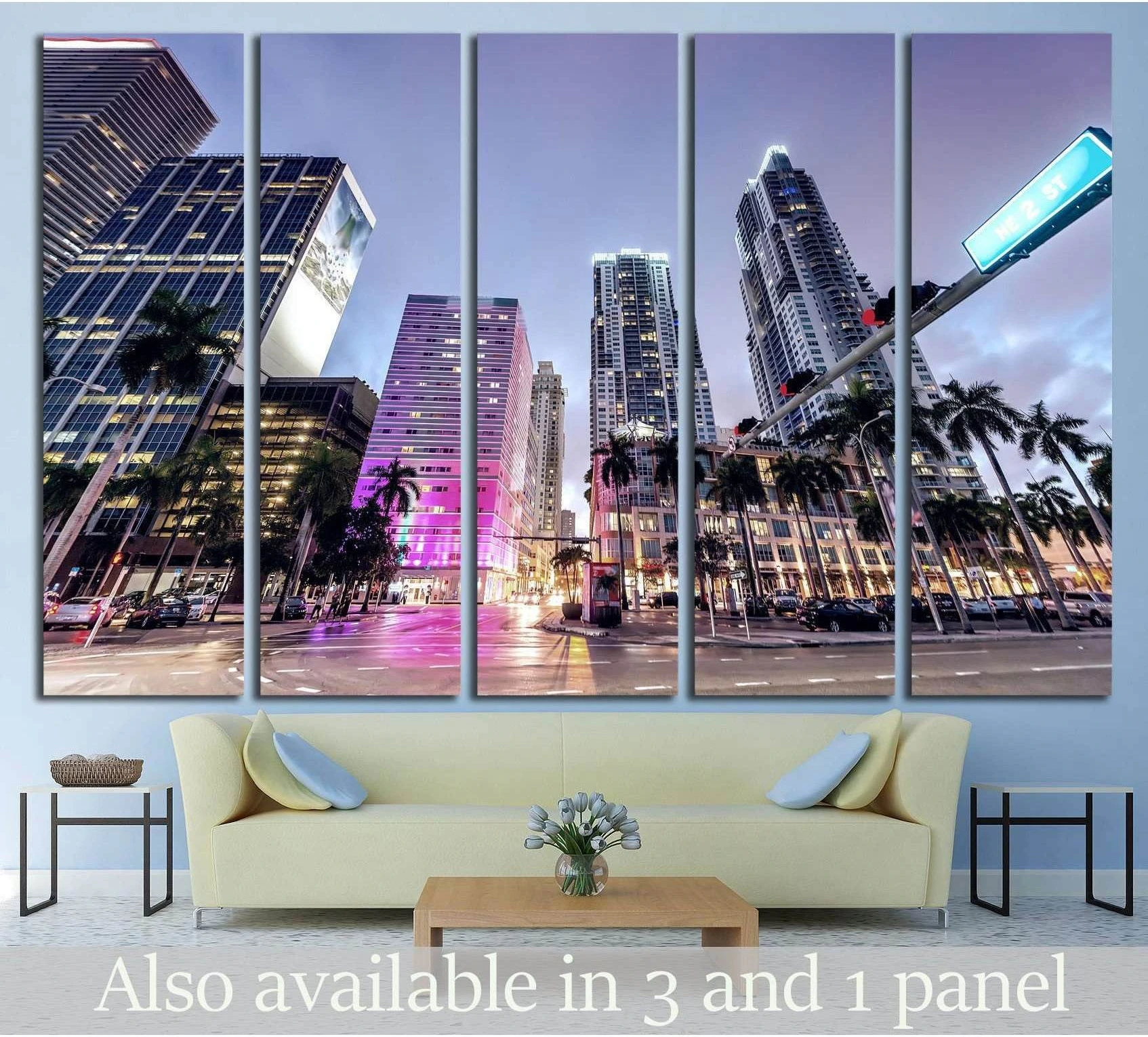 Five-panel Downtown Miami skyline canvas print above sofa in modern living room