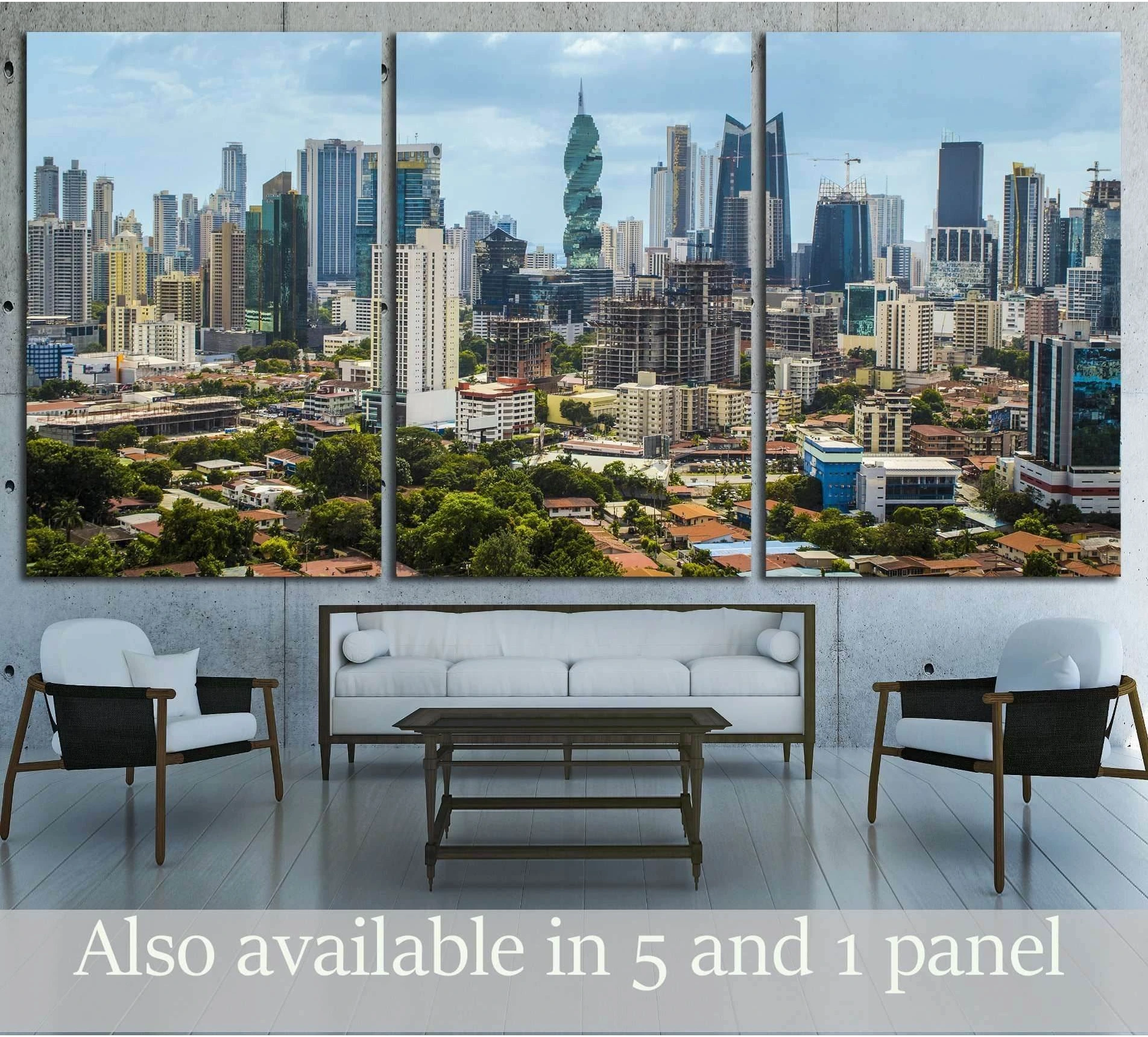Panama City skyline triptych canvas print above a sofa in a modern living room