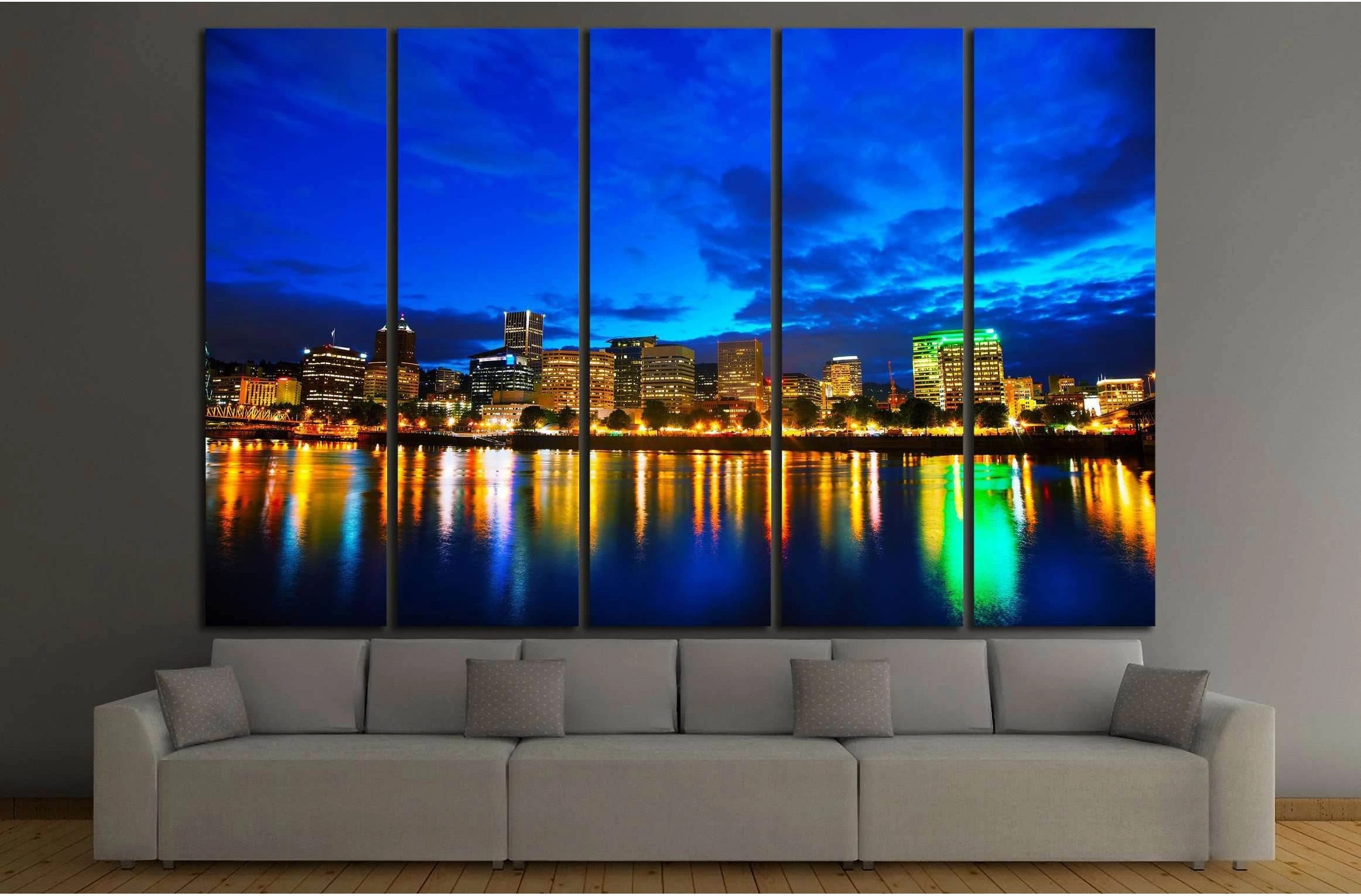 Downtown Portland, Oregon cityscape at the night time №2175 Ready to Hang Canvas Print - Zellart Canvas Prints ALL_Products, s-2175