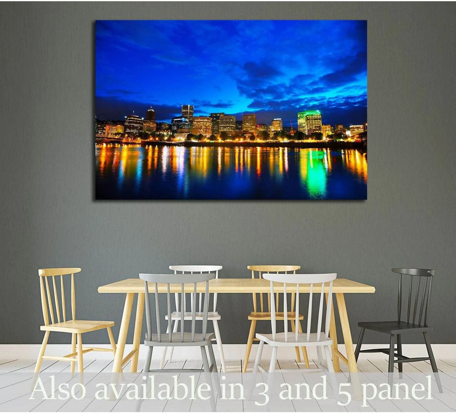 Portland skyline canvas print with night city lights and river reflections above a dining room table