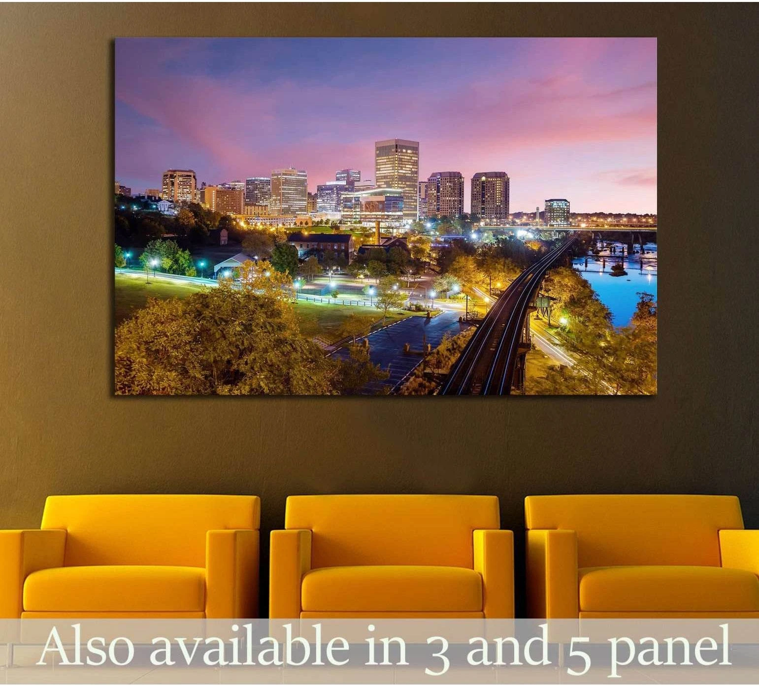 Richmond skyline canvas print displayed above chairs in a modern office at twilight