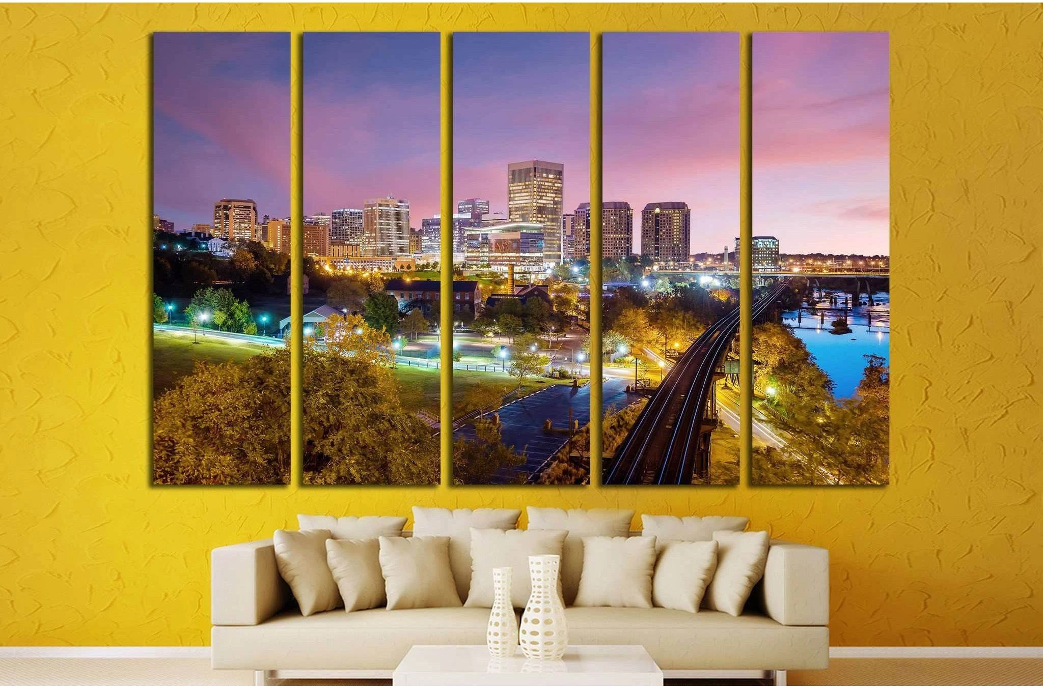 Downtown Richmond, Virginia skyline and the James River at twilight №2078 Ready to Hang Canvas Print - Zellart Canvas Prints ALL_Products, s-2078