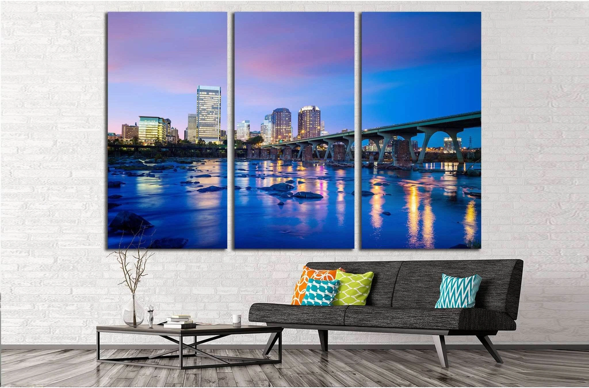 Downtown Richmond, Virginia skyline and the James River at twilight №2068 Ready to Hang Canvas Print - Zellart Canvas Prints ALL_Products, s-2068