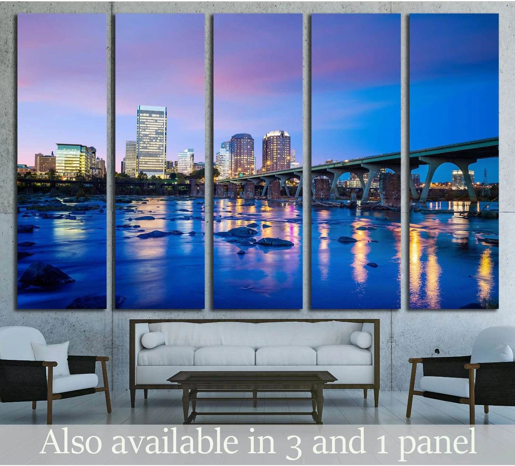 Richmond skyline canvas print with James River reflections at twilight, displayed above a sofa in a modern living room