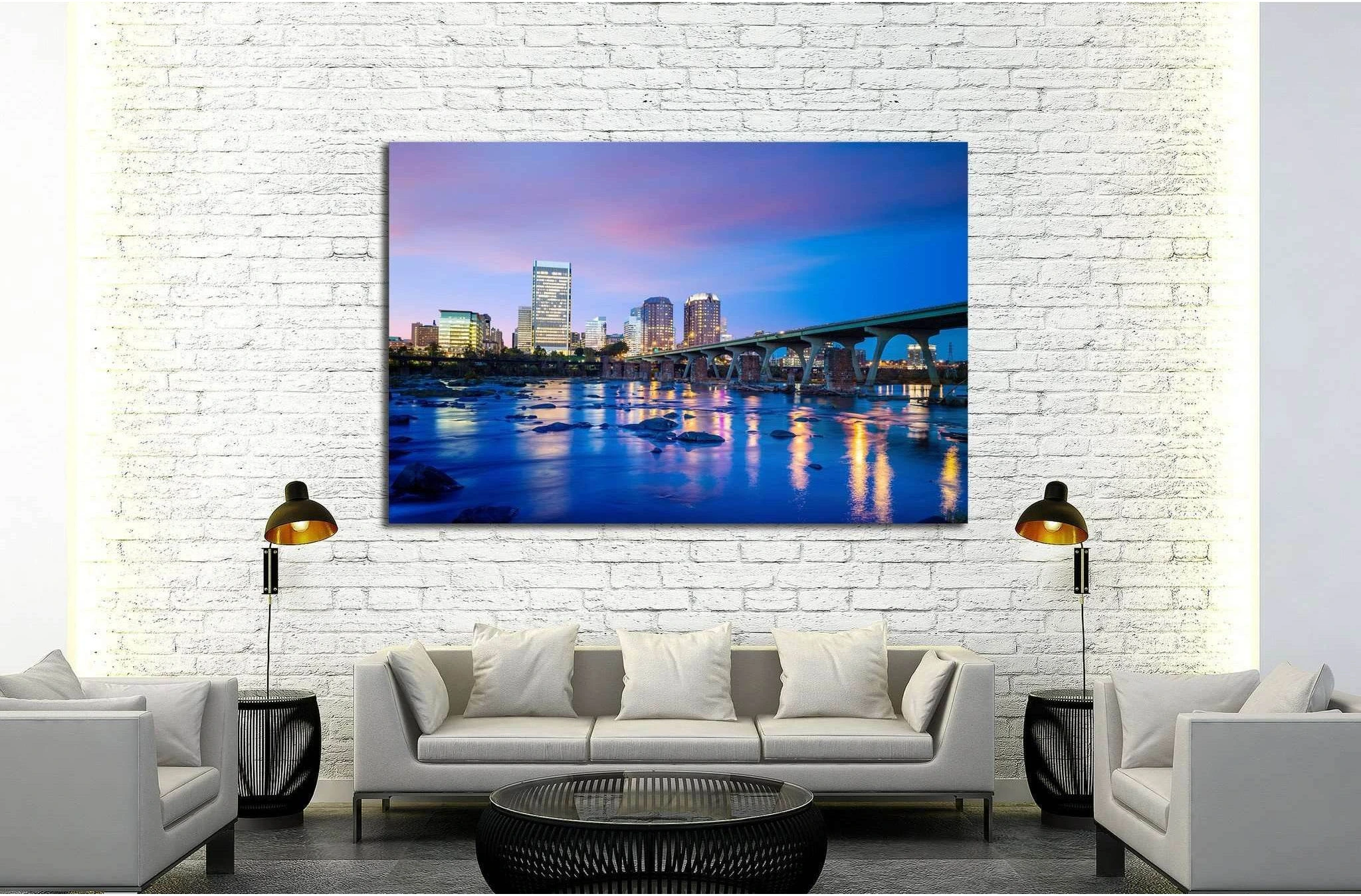 Downtown Richmond, Virginia skyline and the James River at twilight №2068 Ready to Hang Canvas Print - Zellart Canvas Prints ALL_Products, s-2068
