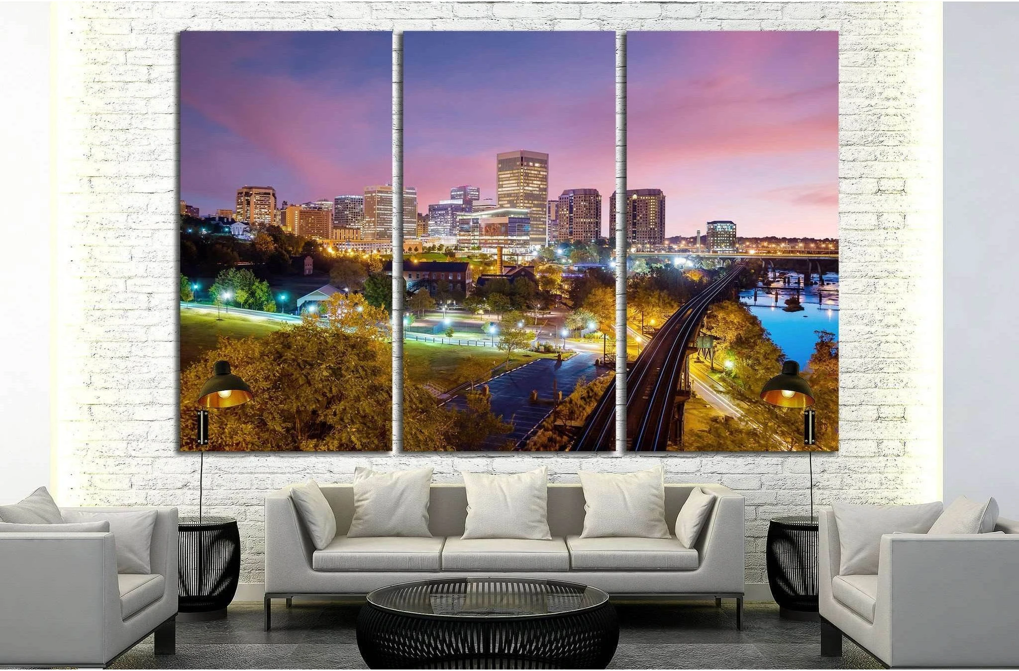 Downtown Richmond, Virginia skyline and the James River at twilight №2078 Ready to Hang Canvas Print - Zellart Canvas Prints ALL_Products, s-2078