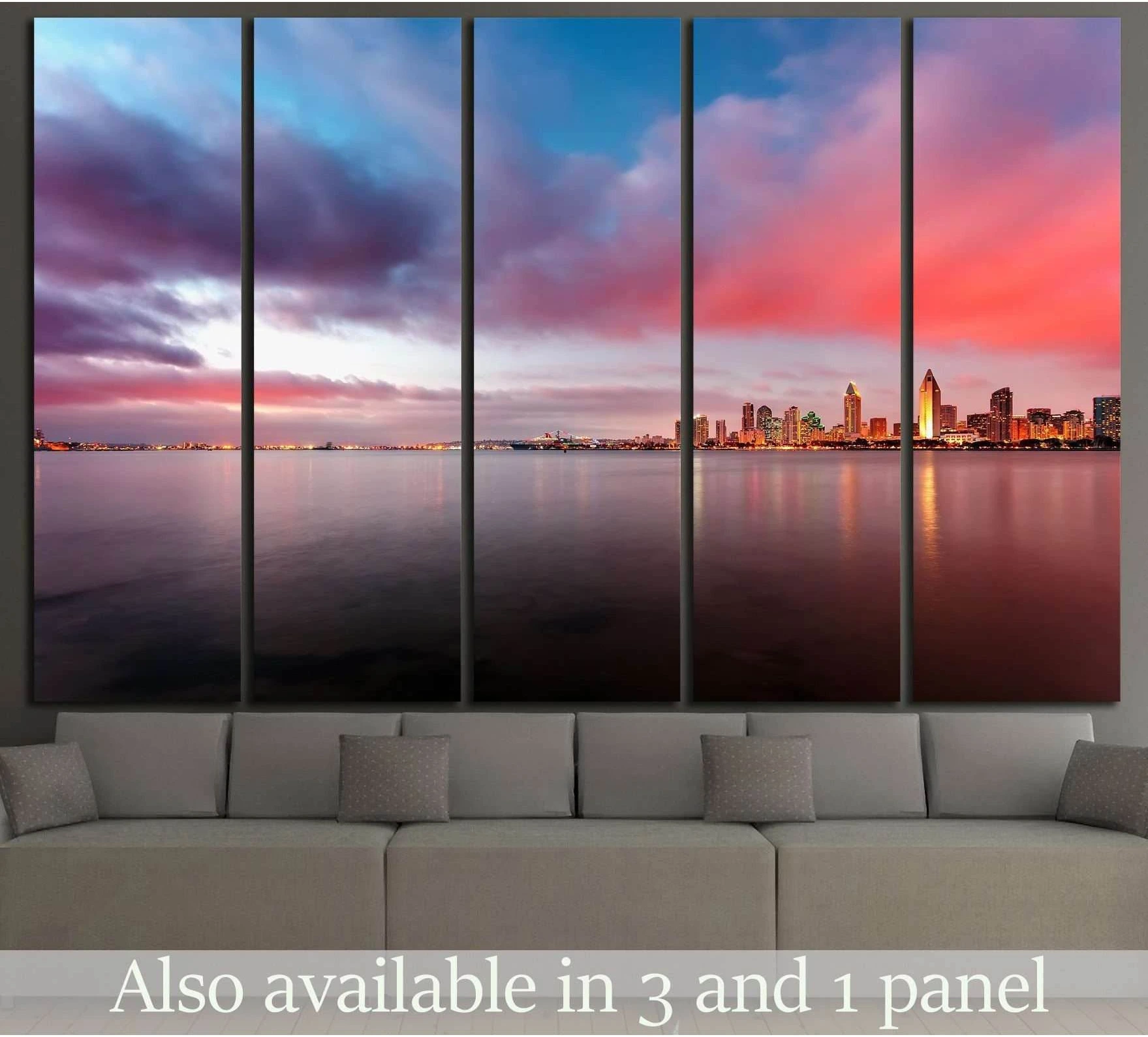 San Diego skyline canvas print at sunset over calm bay, shown as a 5-panel living room display