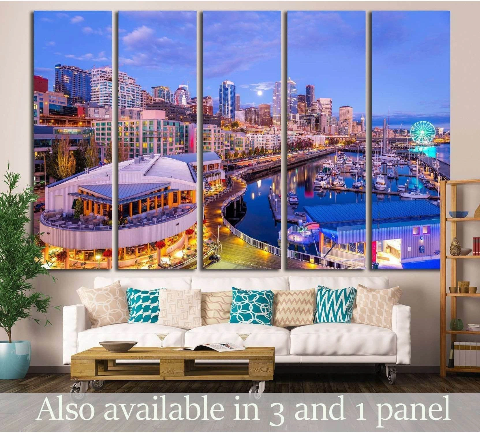 Seattle waterfront skyline canvas print with marina and Great Wheel at dusk above a sofa